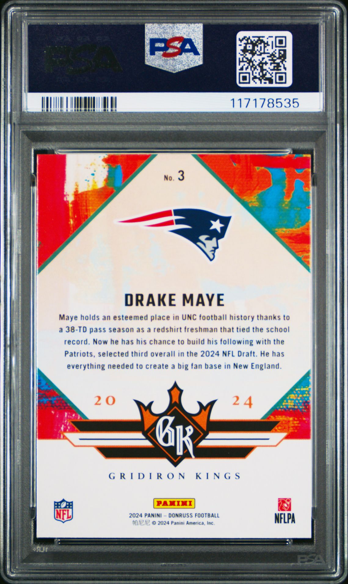 2024 Panini Donruss Rookie Gridiron Kings Drake Maye #3 Gem Mt 10 back