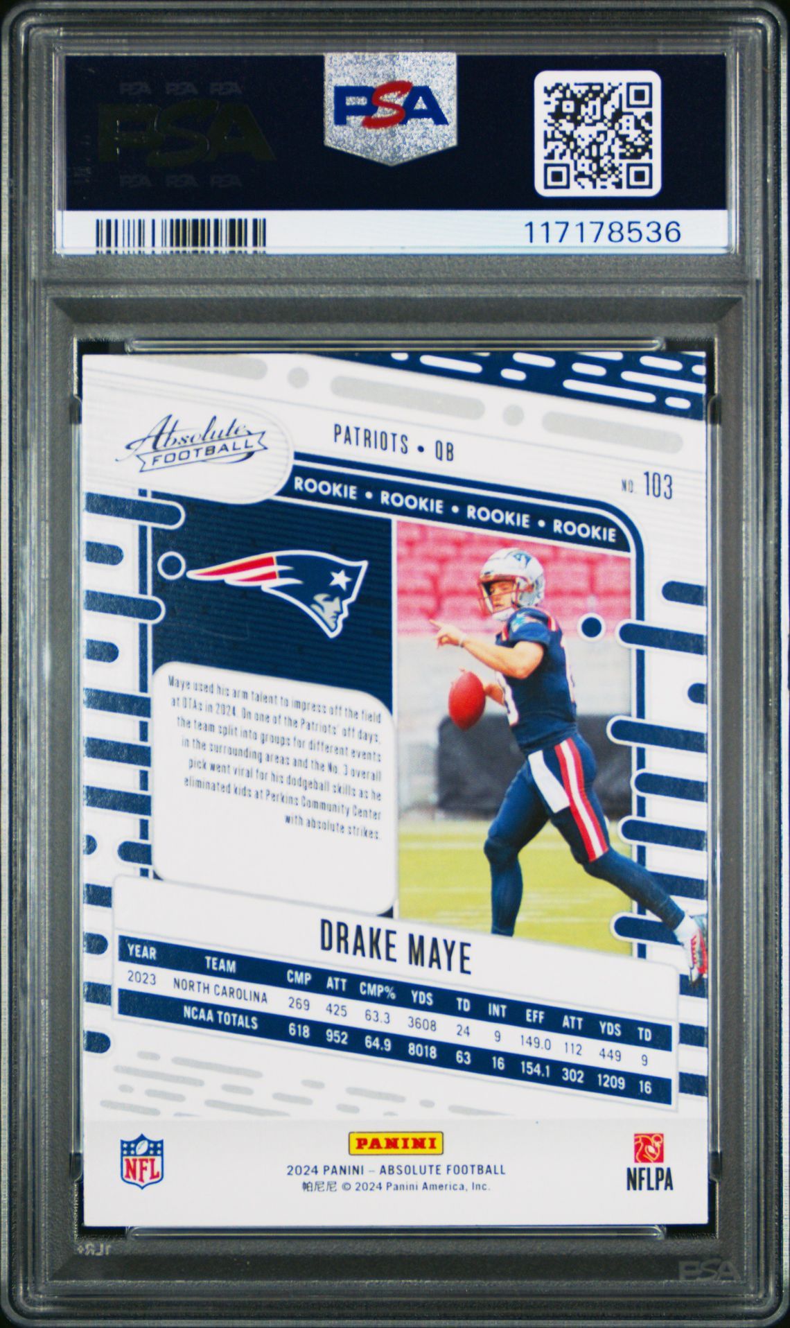 2024 Panini Absolute Drake Maye #103 (Red And Blue) Gem Mt 10 back