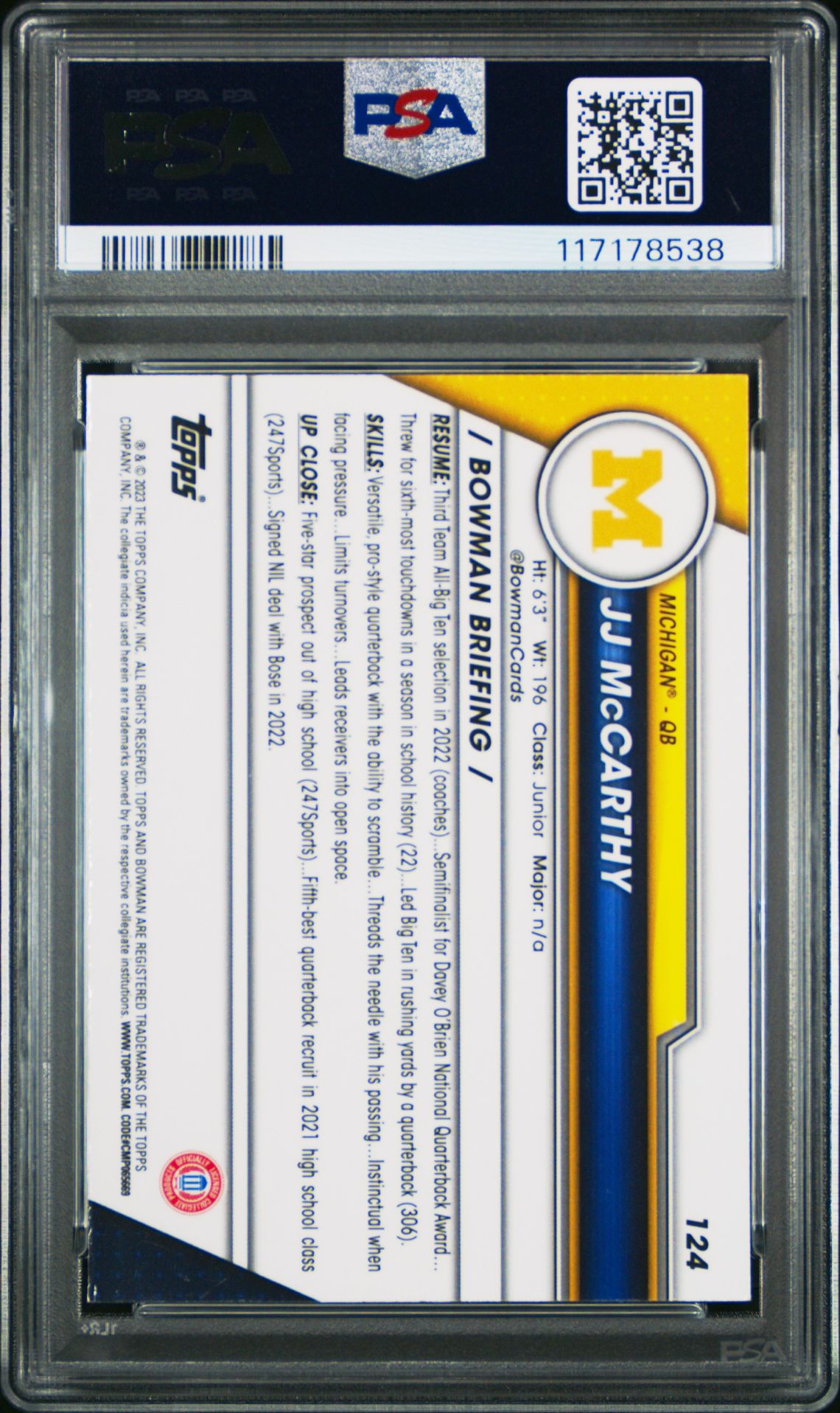 2023 Bowman University Chrome Jj Mccarthy #124 Mint 9 back