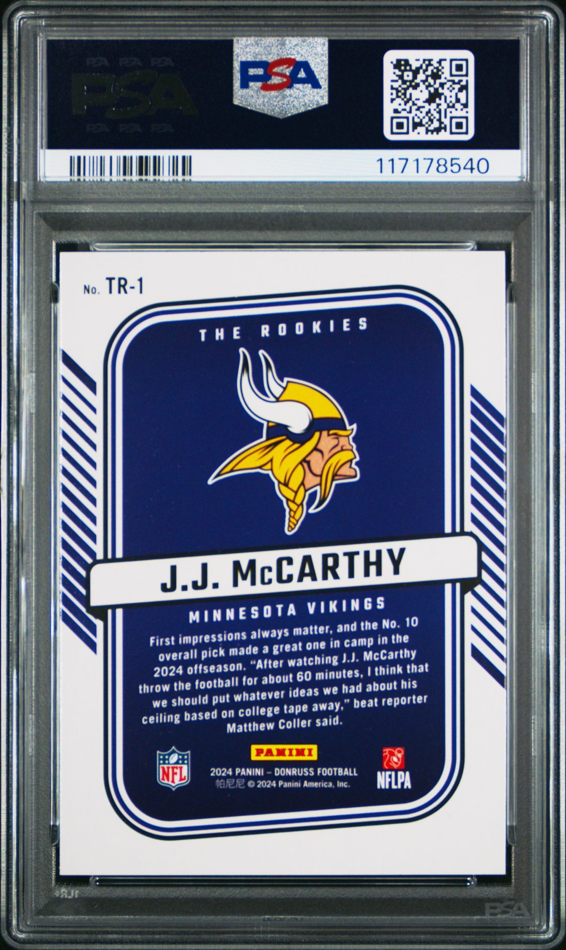 2024 Panini Donruss The Rookies Jj Mccarthy #Tr1 Gem Mt 10 back