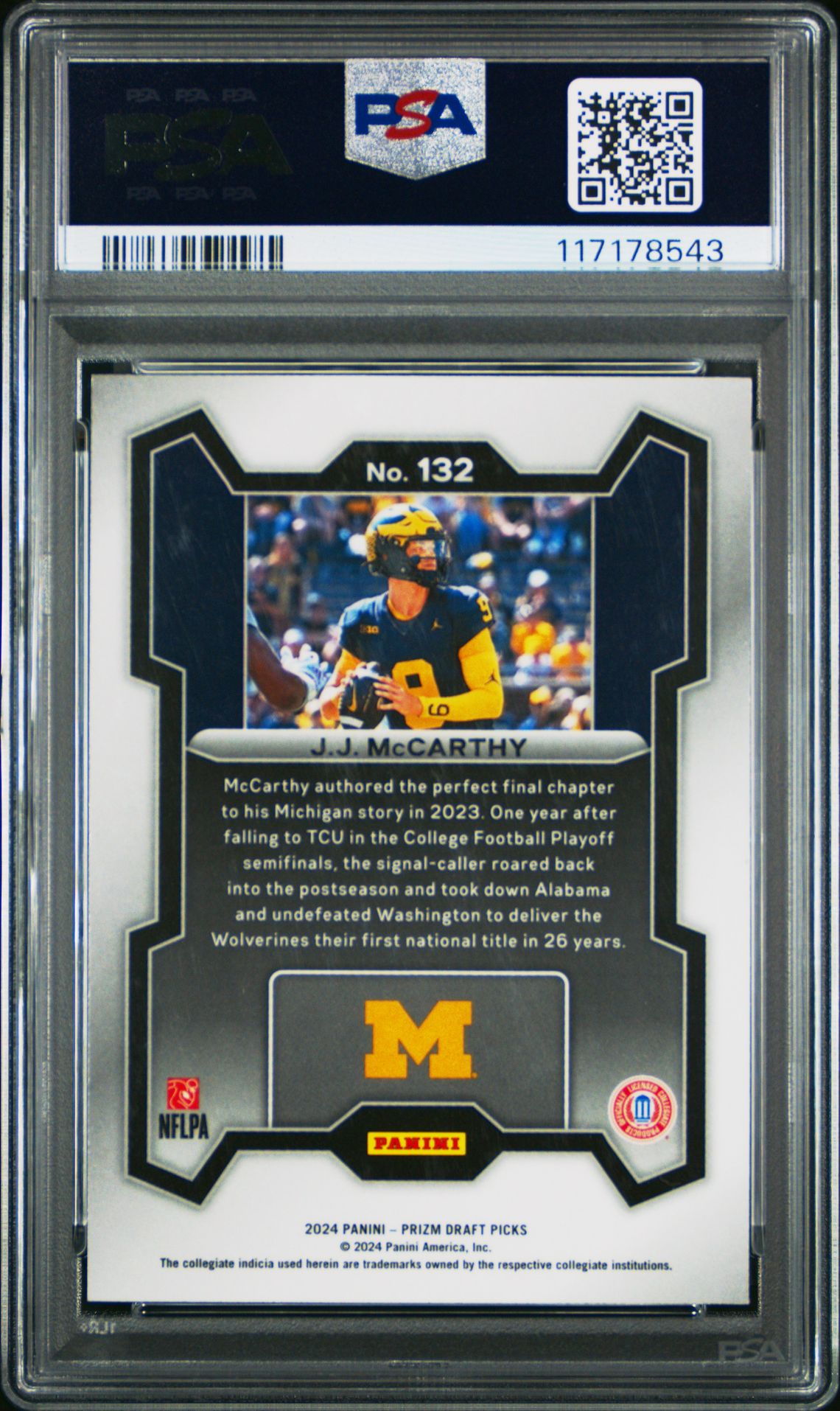 2024 Panini Prizm Draft Picks Jj Mccarthy #132 Gem Mt 10 back