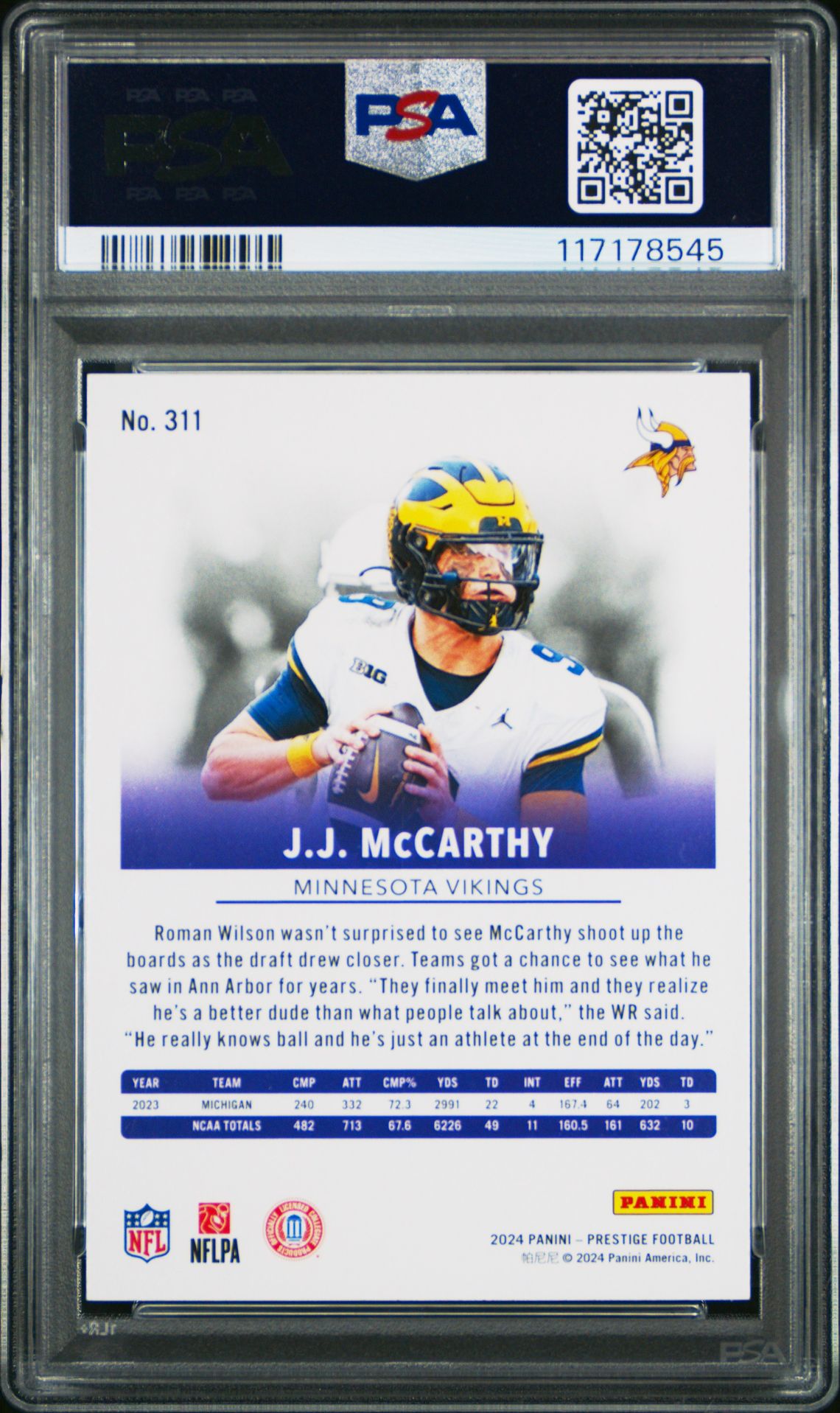 2024 Panini Prestige Jj Mccarthy #311 Gem Mt 10 back
