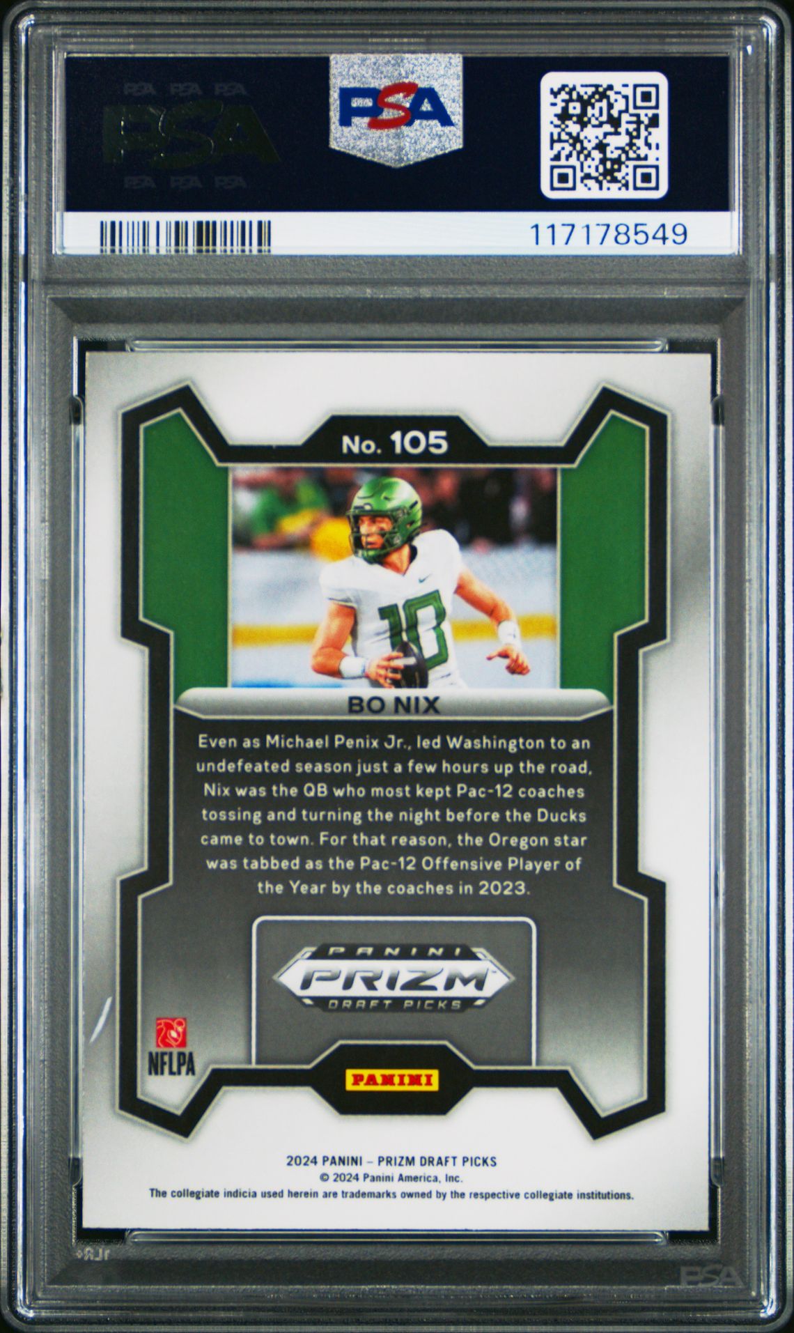 2024 Panini Prizm Draft Picks Bo Nix #105 Gem Mt 10 back
