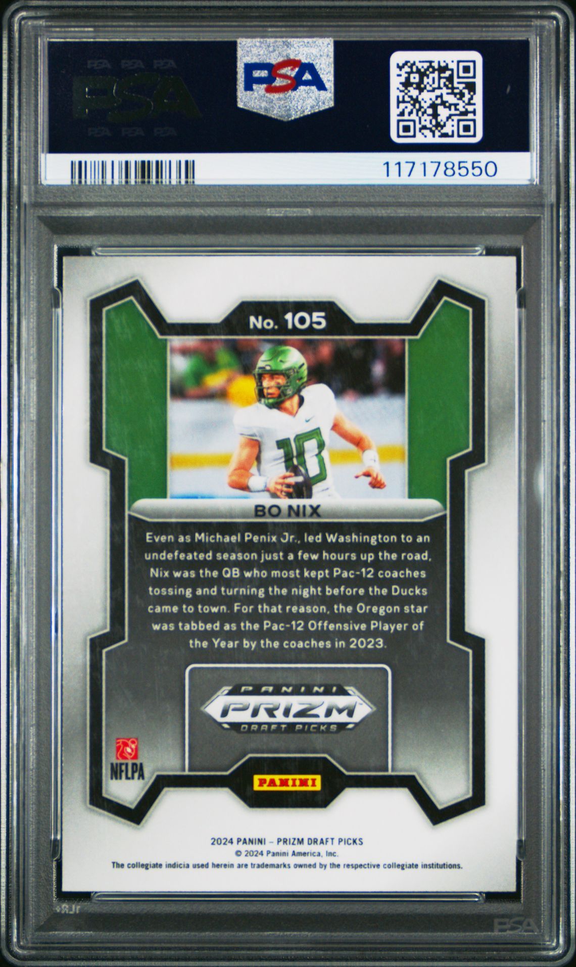 2024 Panini Prizm Draft Picks Bo Nix #105 Gem Mt 10 back
