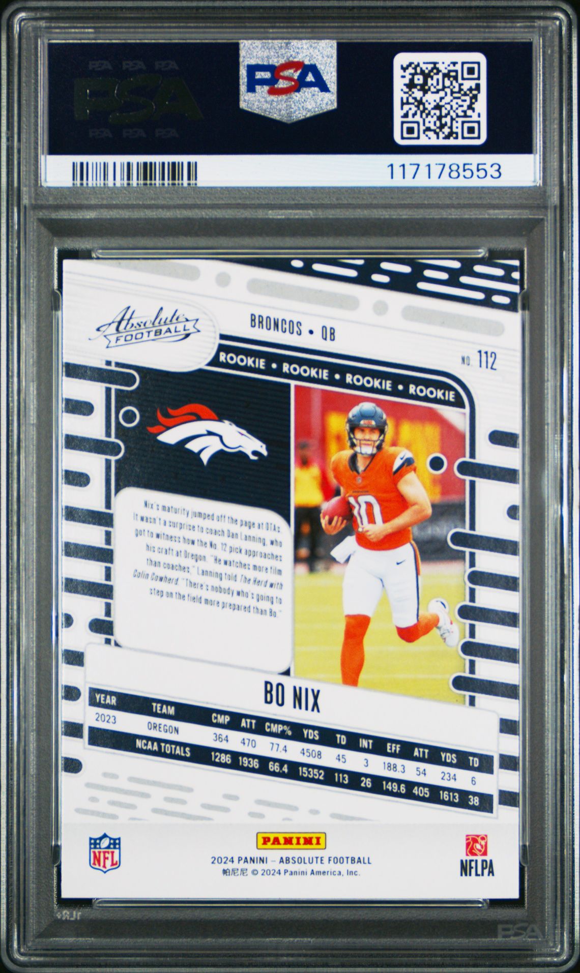 2024 Panini Absolute Bo Nix #112 Gem Mt 10 back