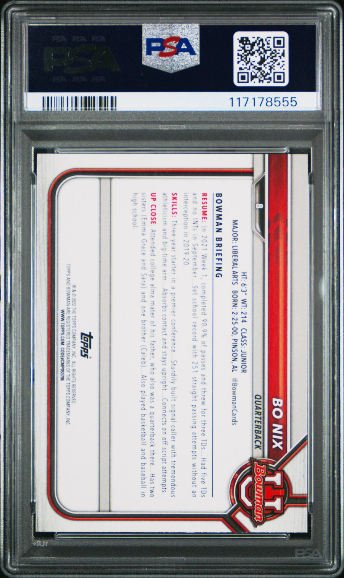 2021 Bowman University Paper Prospects Bo Nix #8 (Paper Prospects) Gem Mt 10 back