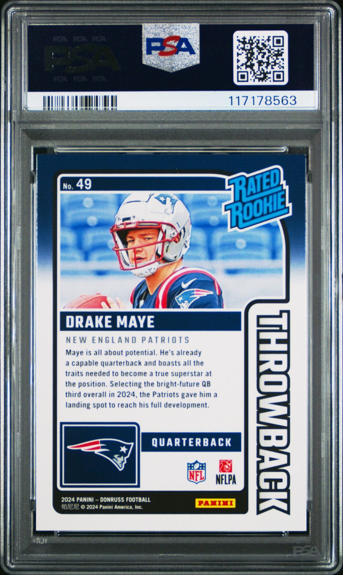 2024 Panini Donruss Rated Rookies Throwback Drake Maye #49 Mint 9 back