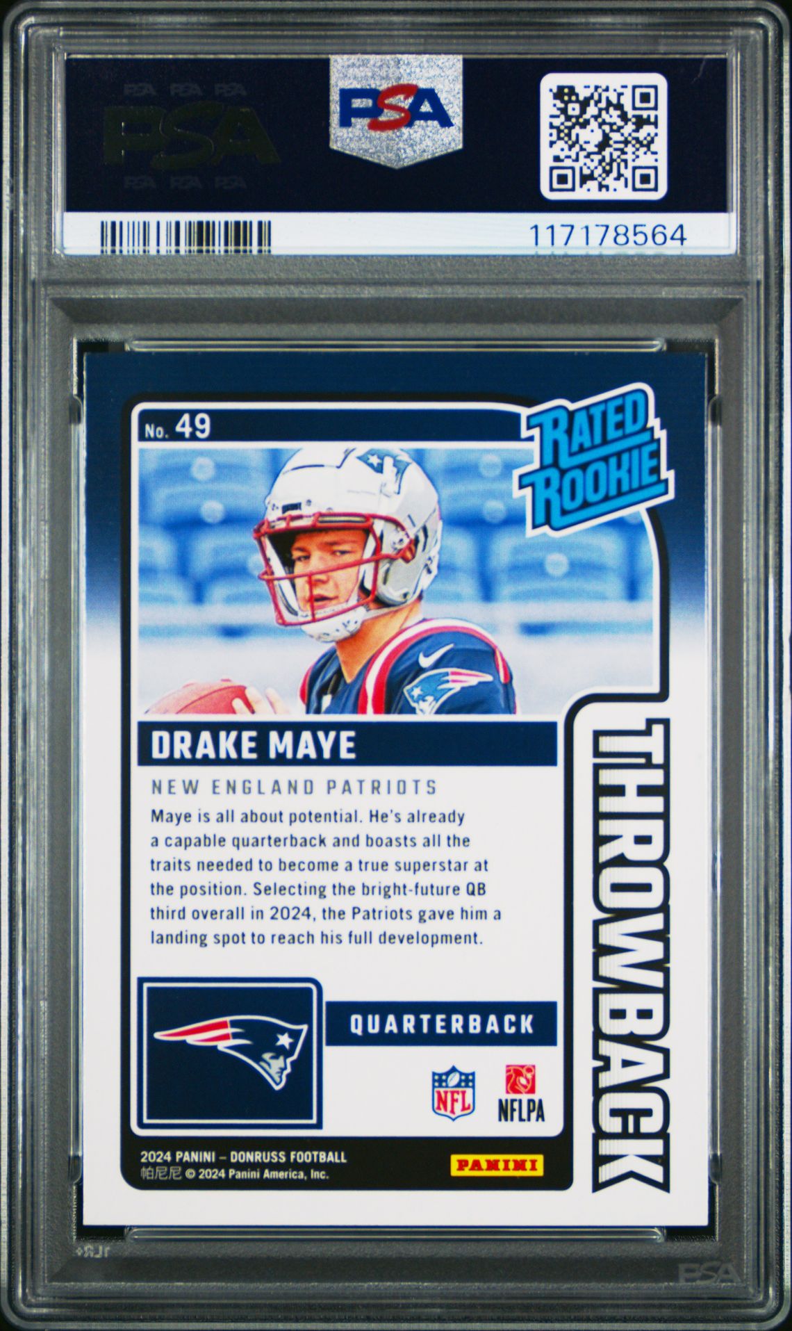 2024 Panini Donruss Rated Rookies Throwback Drake Maye #49 Mint 9 back