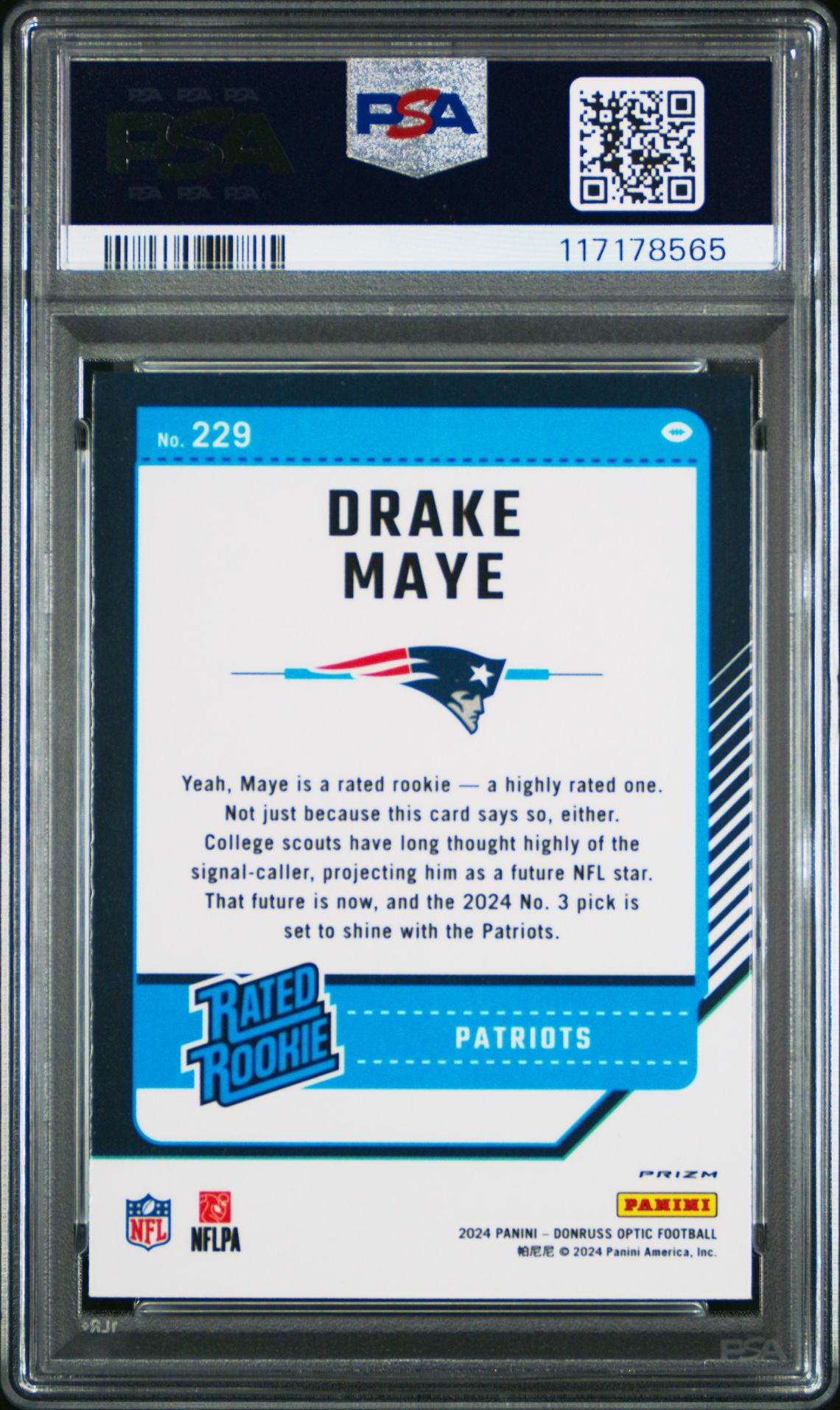 2024 Panini Donruss Optic Drake Maye #229 (Purple Shock) Nm-Mt 8 back