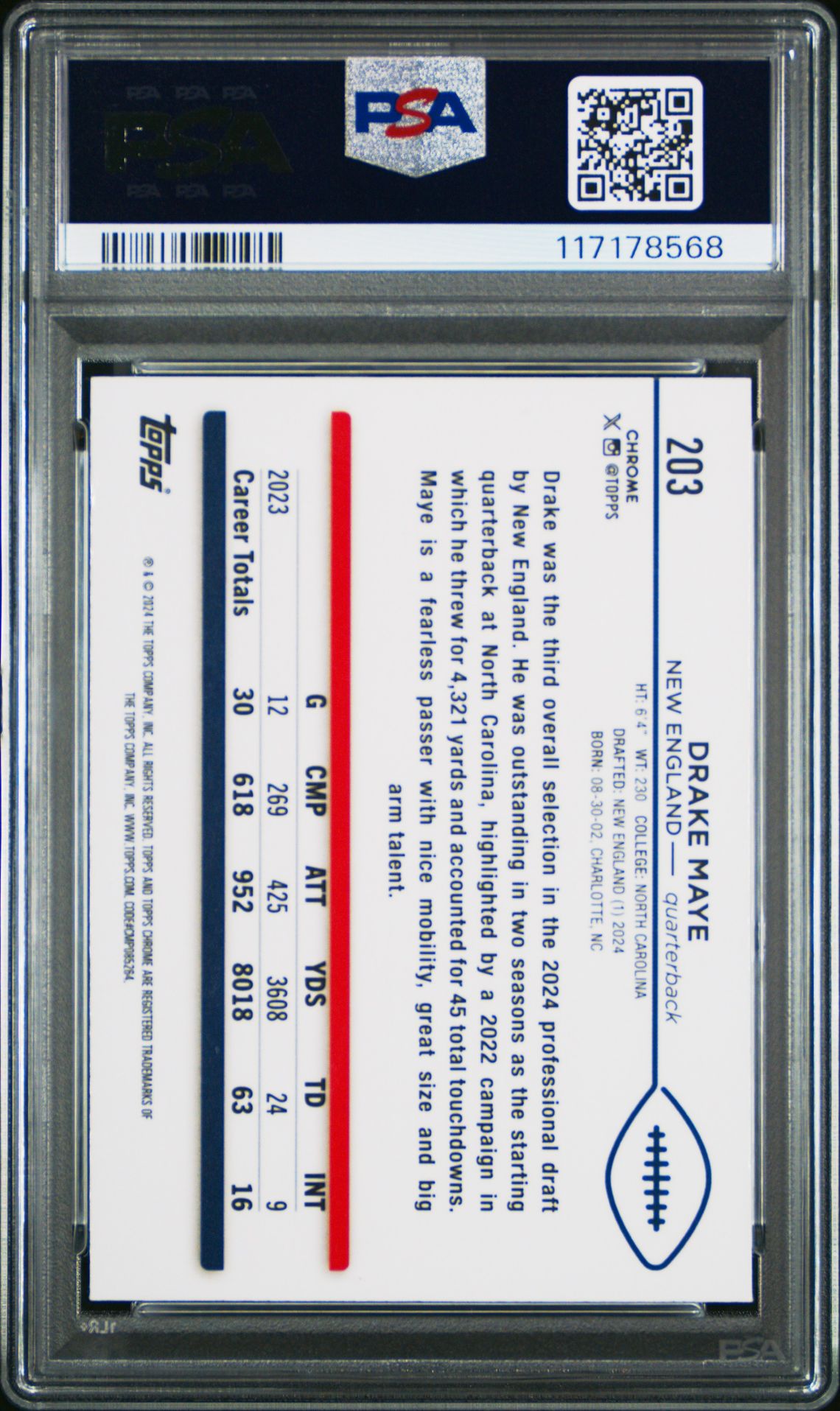 2024 Topps Chrome Drake Maye #203 Gem Mt 10 back