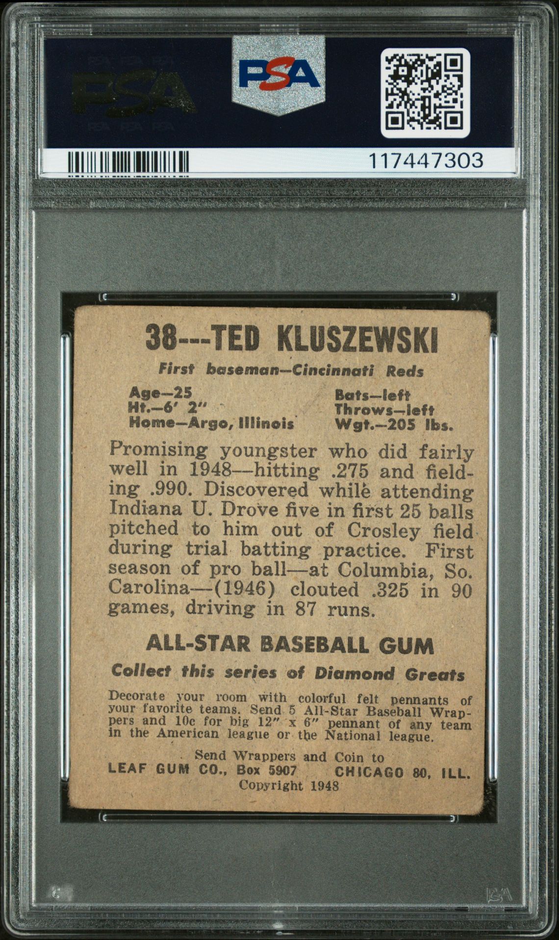 1948 Leaf Ted Kluszewski #38 Good+ 2.5 back