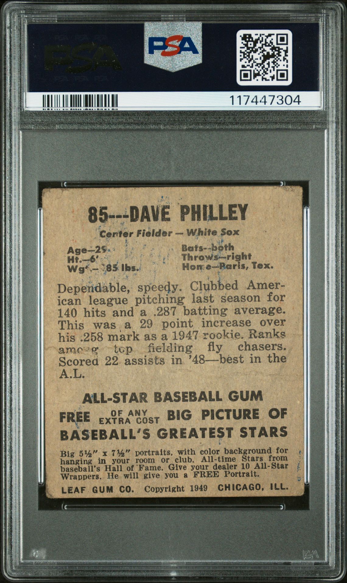 1948 Leaf Dave Philley #85 Pr 1 back