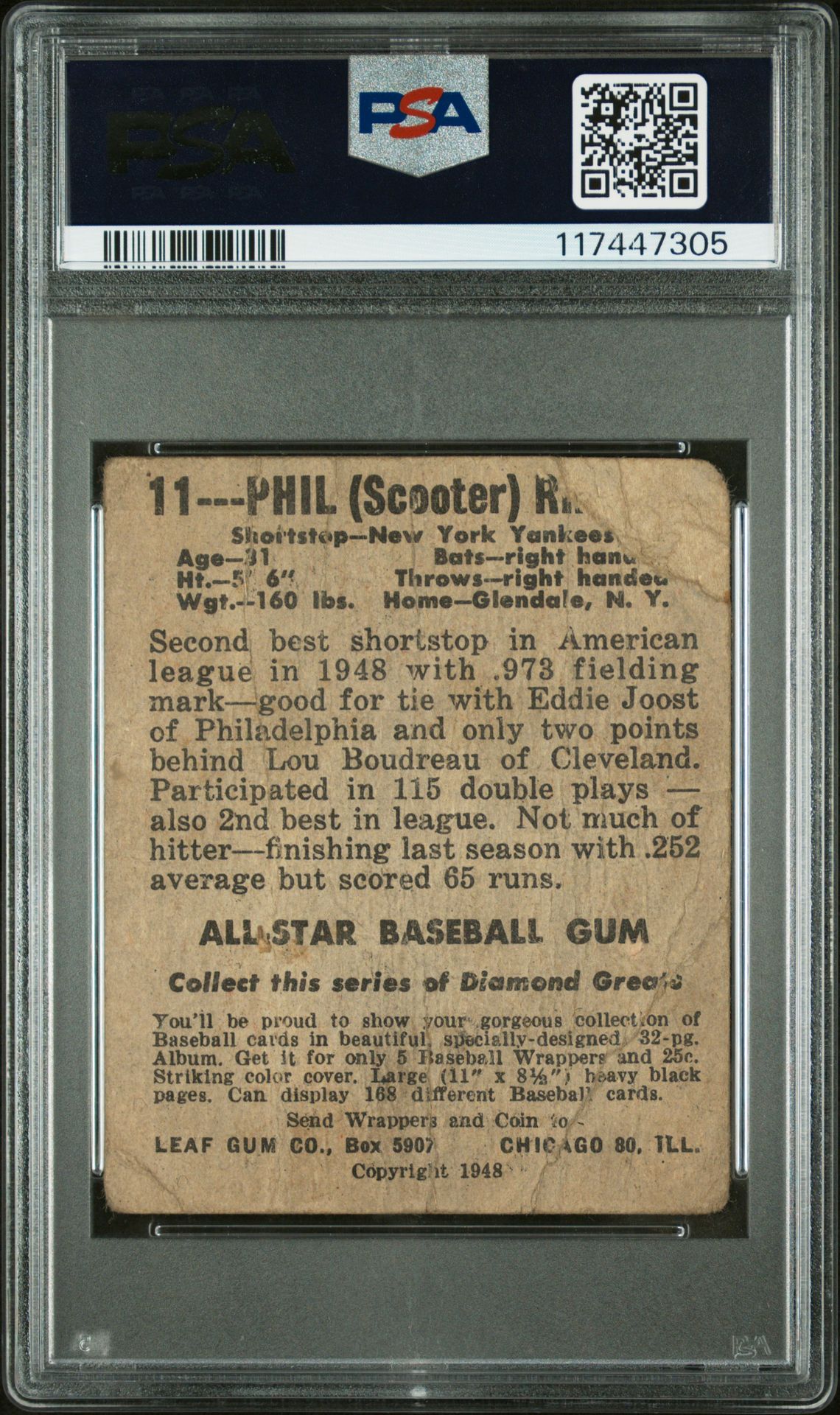 1948 Leaf Phil Rizzuto #11 Pr 1 back