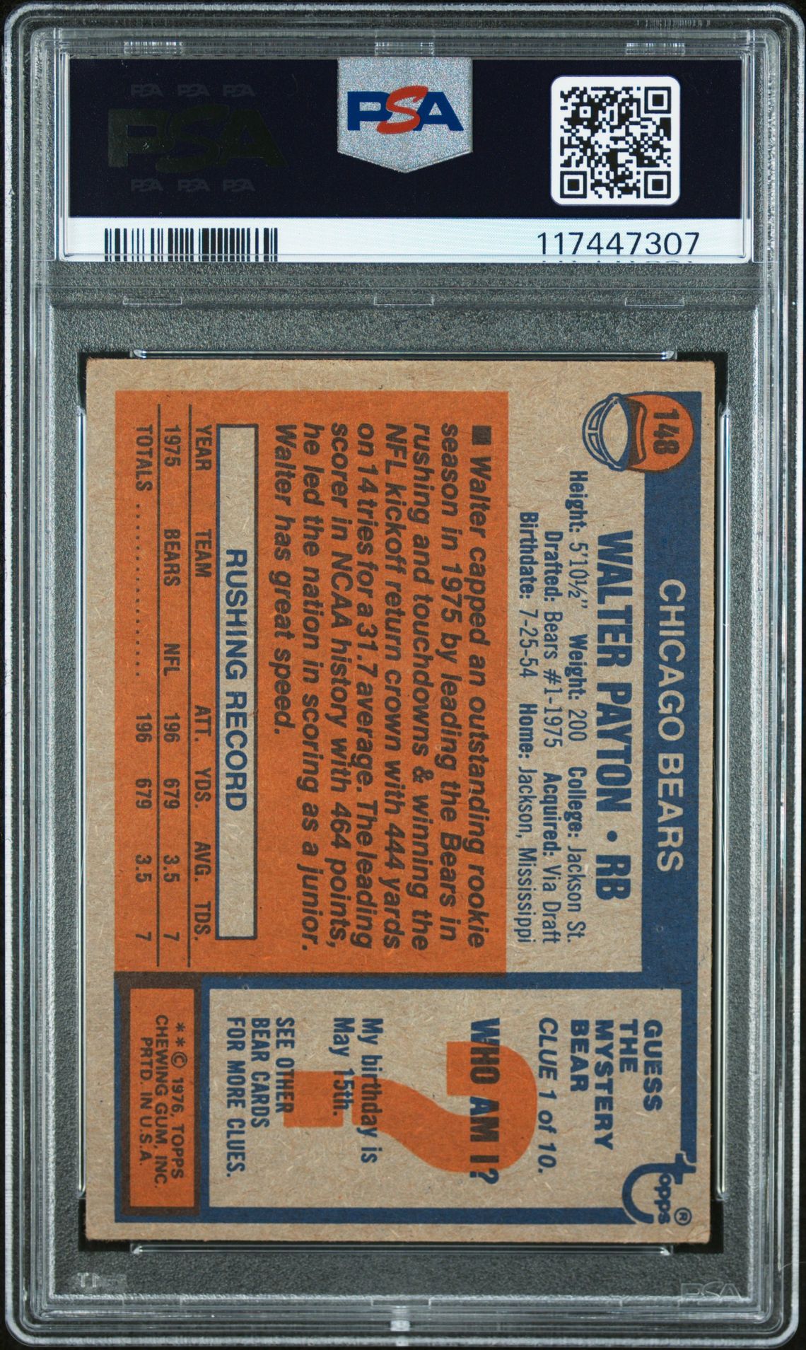 1976 Topps Walter Payton #148 Vg 3 (Mk) back