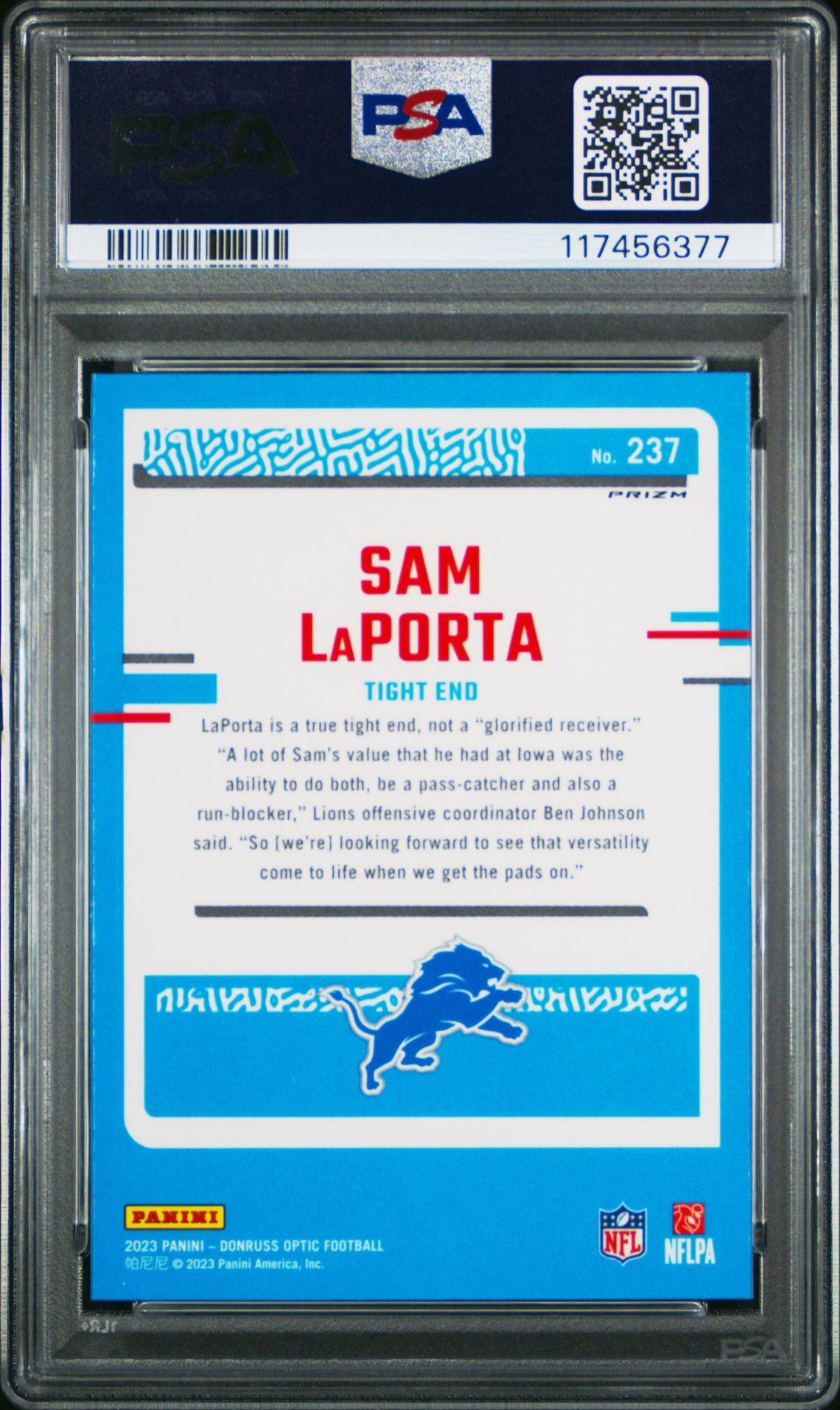 2023 Panini Donruss Optic Sam Laporta #237 (Green Velocity) Gem Mt 10 back