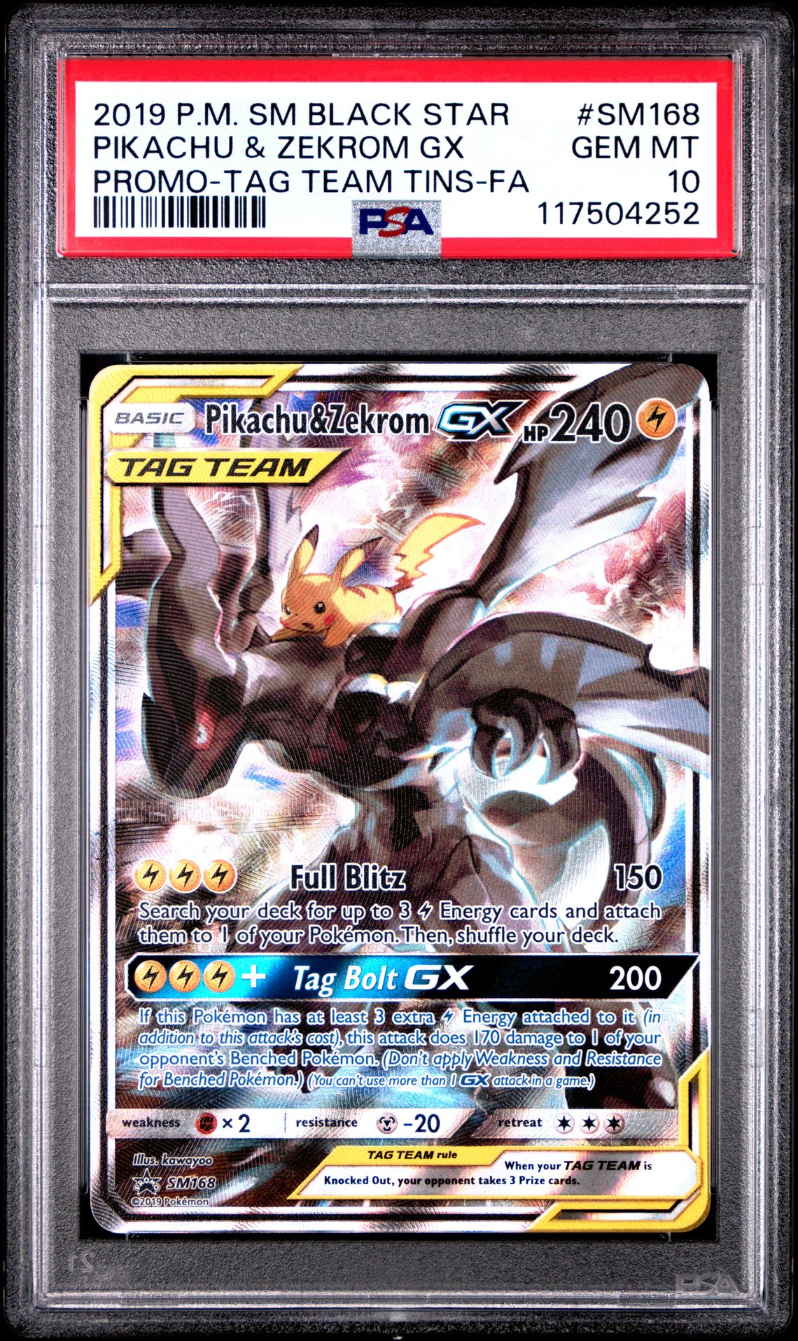 2019 Pokemon Sm Black Star Promo Pikachu & Zekrom Gx #Sm168 (Promo-Tag Team Tins-Fa) Gem Mt 10 front