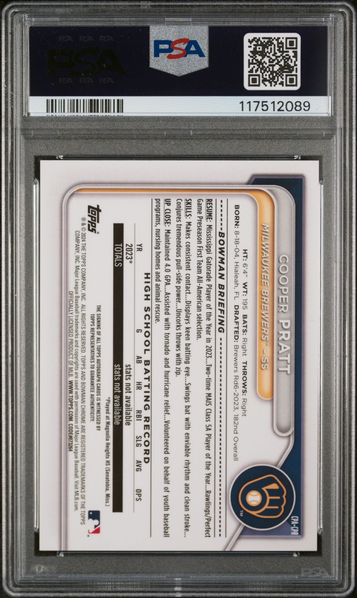 2024 Bowman Chrome Prospect Autographs Cooper Pratt #Cpacpr (Chr Prospect Au-Speckle Ref) Gem Mt 10 back view - PSA certificate #117512089