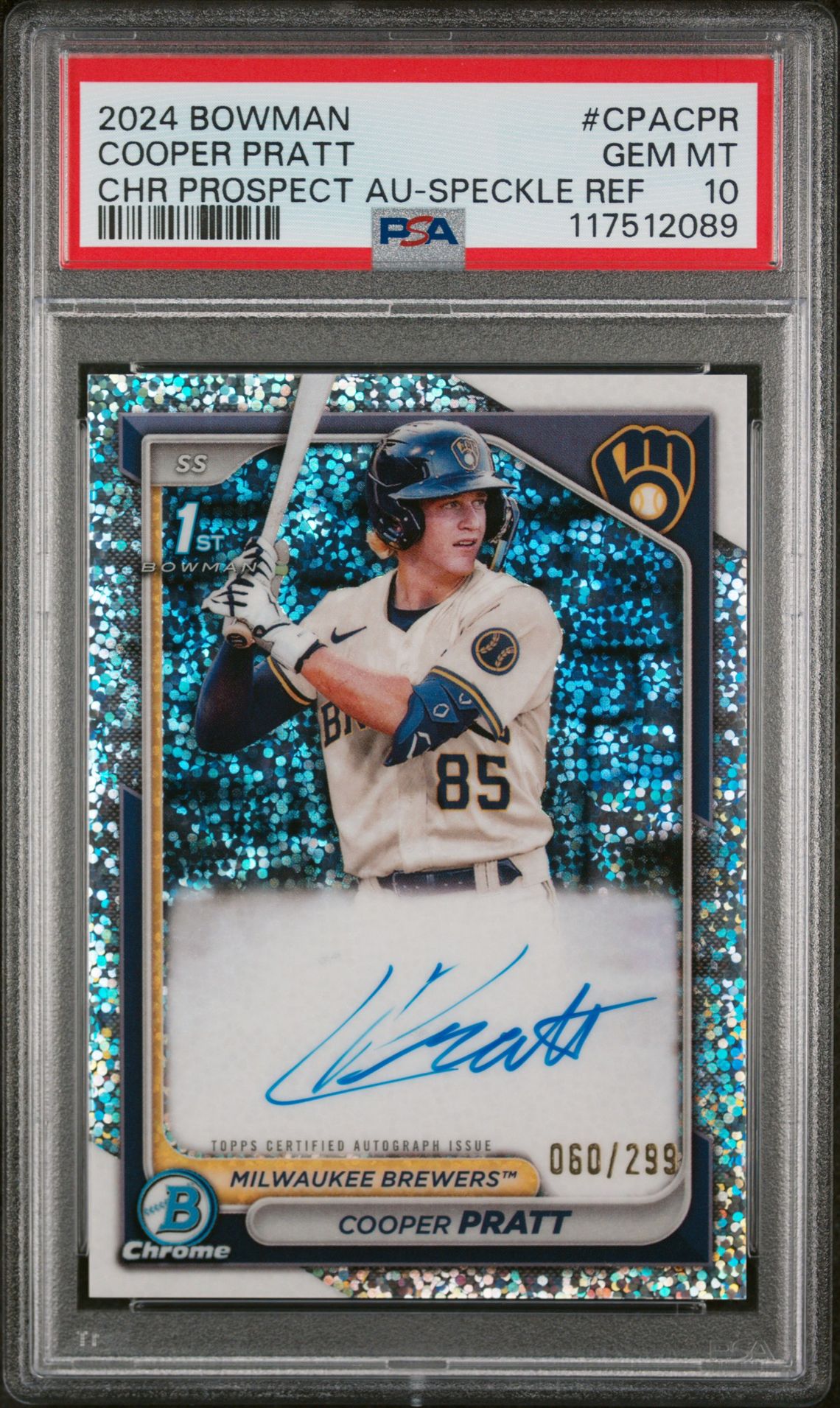 2024 Bowman Chrome Prospect Autographs Cooper Pratt #Cpacpr (Chr Prospect Au-Speckle Ref) Gem Mt 10 front view - PSA graded GEM MT 10