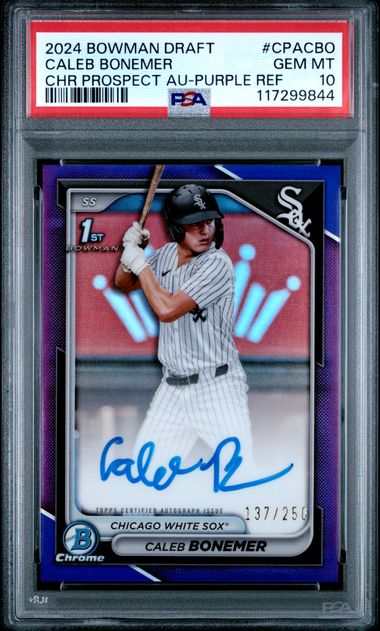 2024 Bowman BOWMAN DRAFT CHROME PROSPECT AUTOGRAPHS Purple Refractor #CPACBO Caleb Bonemer front