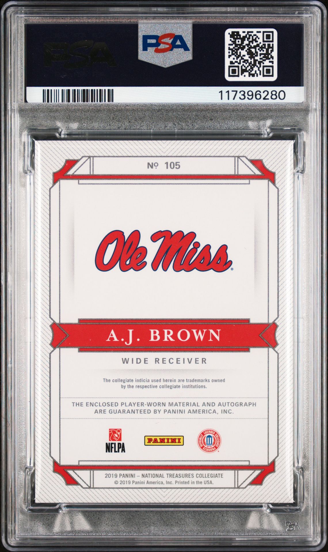 2019 Panini National Treasures Collegiate Aj Brown #105 (College Silhouettes Sig.) Mint 9 back