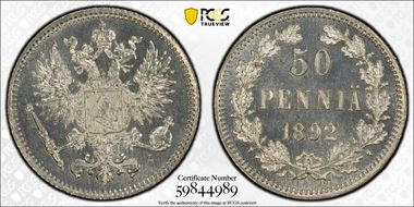 1892-L 50 Pen KM-2.2  Ag MS66