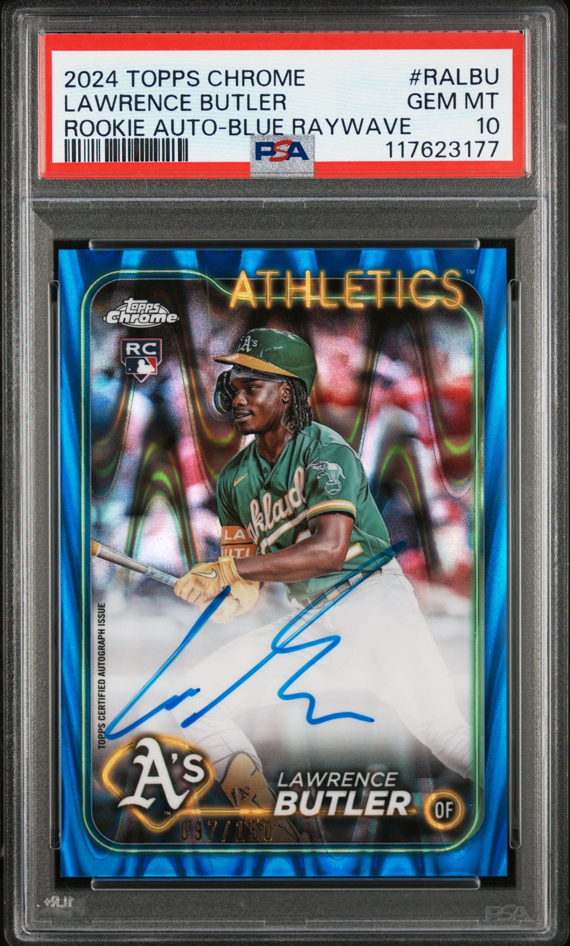 2024 Topps Chrome Rookie Autographs Lawrence Butler #Ralbu (Rookie Auto-Blue Raywave) Gem Mt 10 front