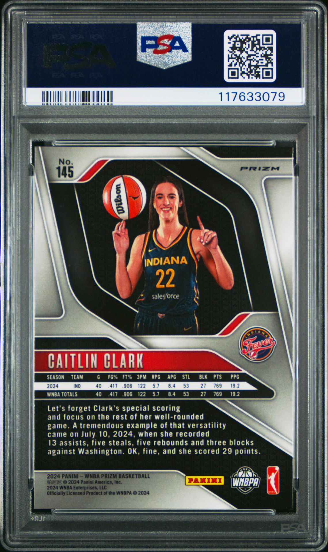 2024 Panini Prizm Wnba Caitlin Clark #145 (Blue Velocity) Mint 9 back