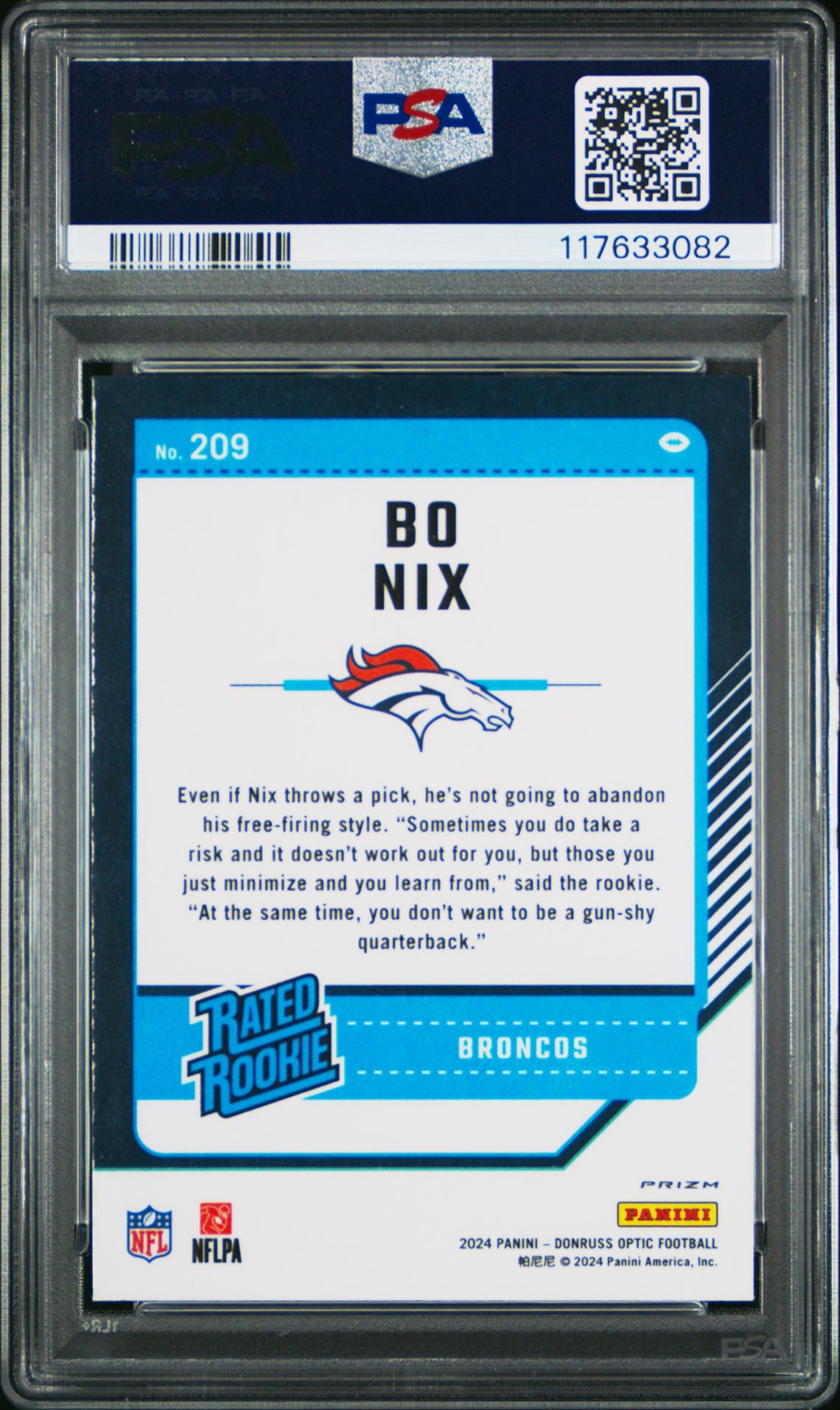 2024 Panini Donruss Optic Bo Nix #209 (Blue Hyper) Gem Mt 10 back