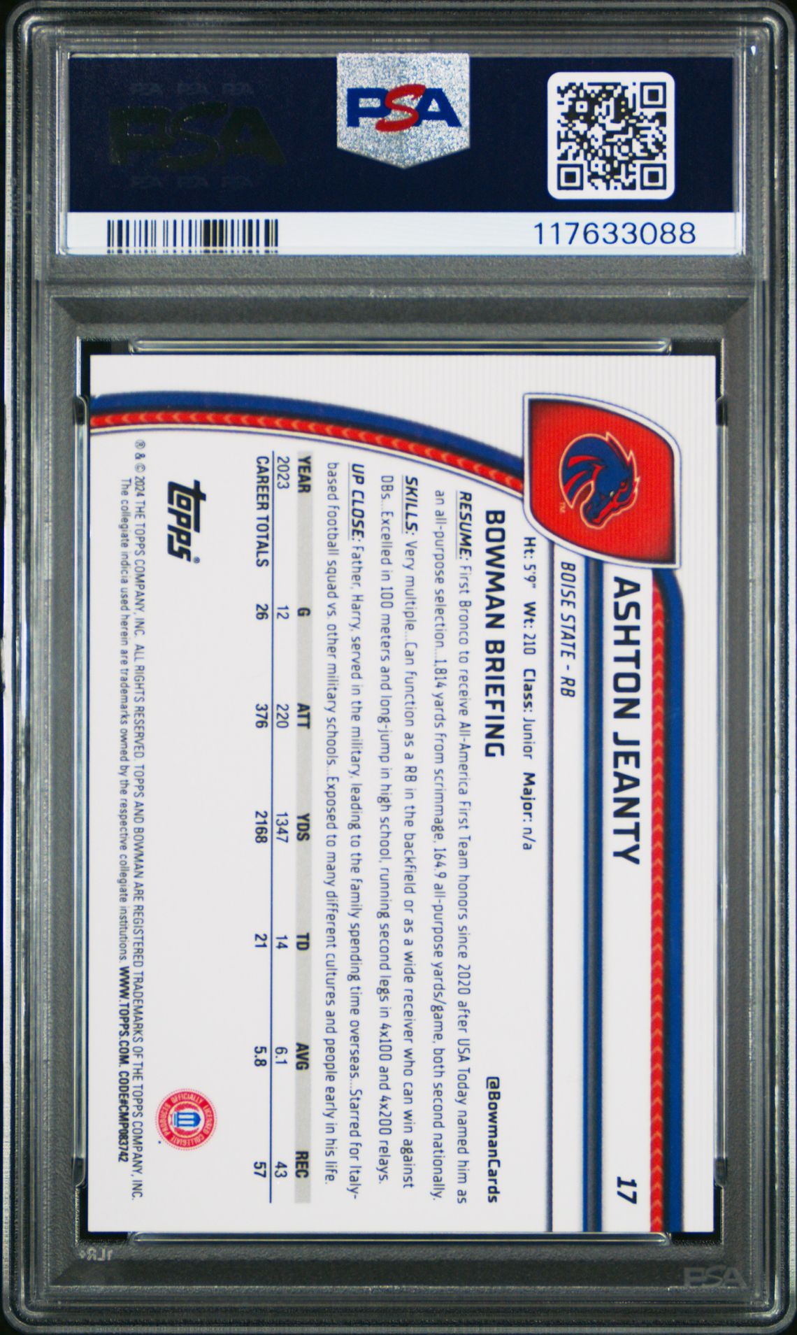 2024 Bowman University Chrome Ashton Jeanty #17 (Aqua Mini Diamond) Mint 9 back