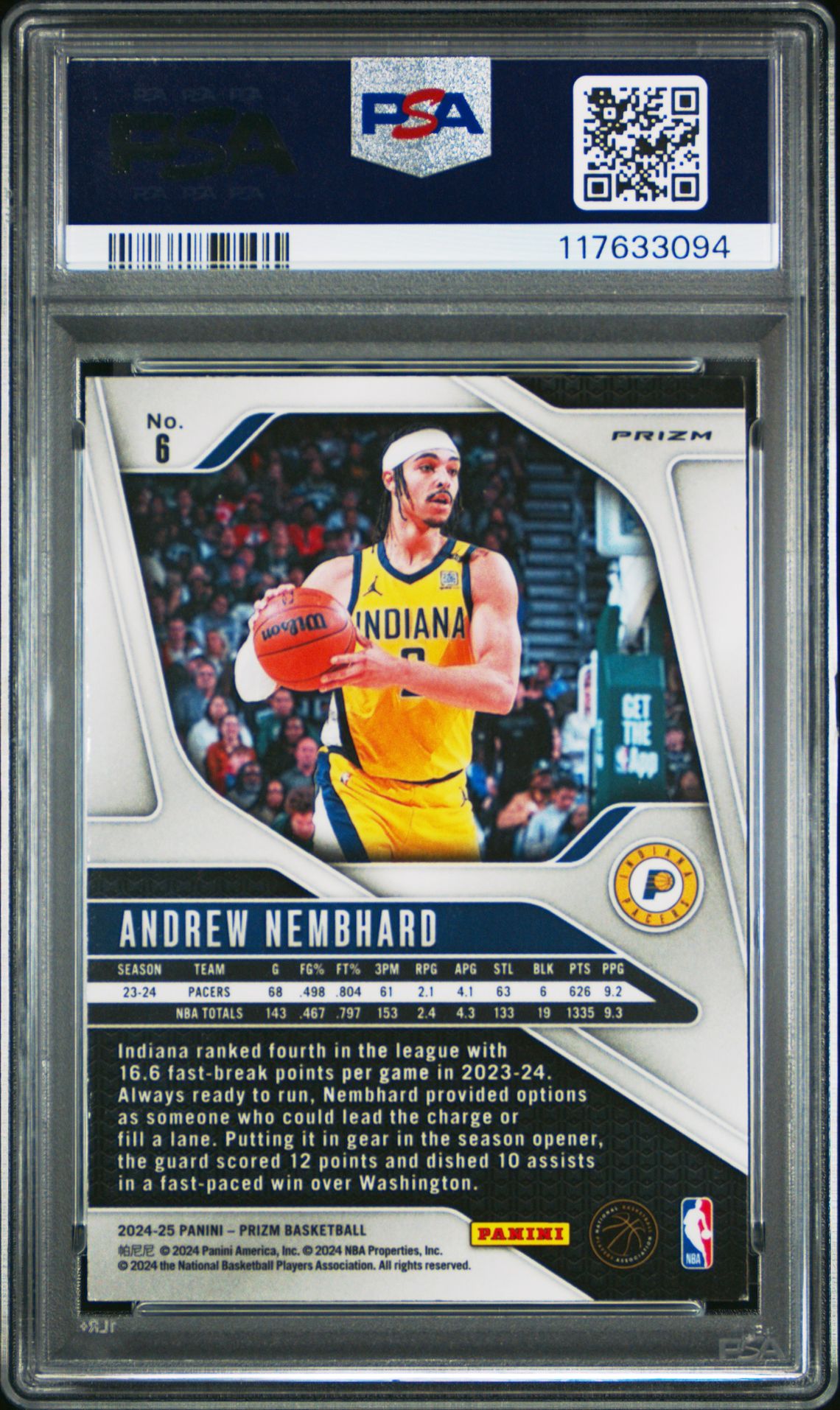 2024 Panini Prizm Andrew Nembhard #6 (Orange Ice) Mint 9 back