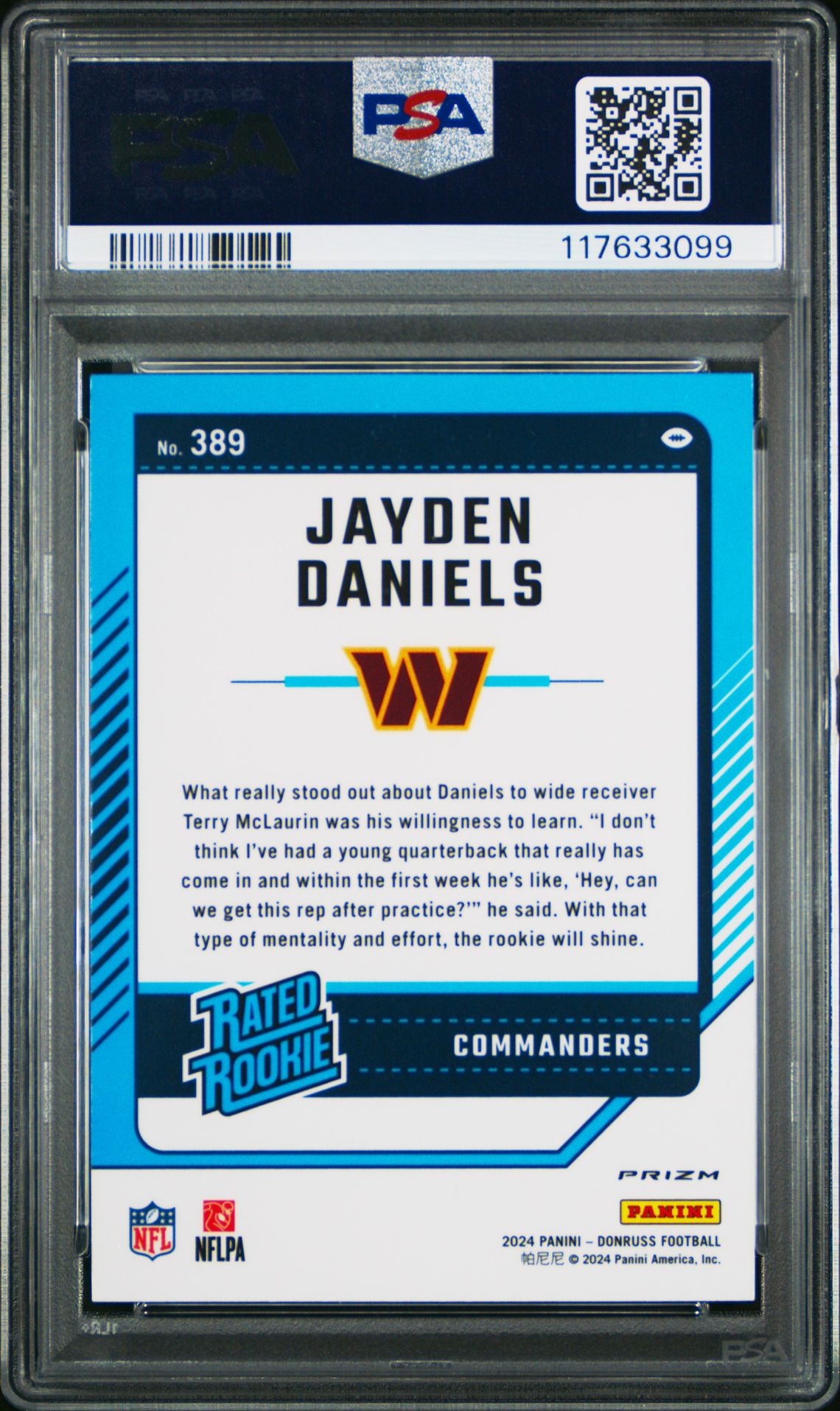 2024 Panini Donruss Jayden Daniels #389 (Optic Preview-Blue Scope) Mint 9 back