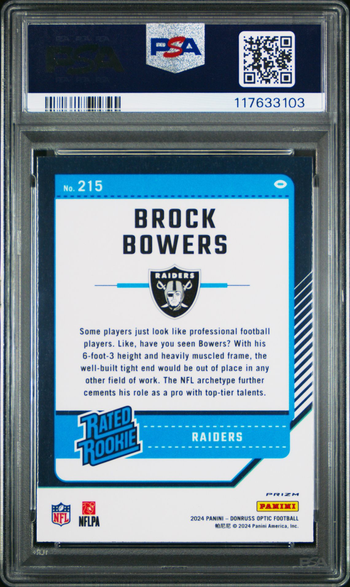 2024 Panini Donruss Optic Brock Bowers #215 (Blue Hyper) Gem Mt 10 back