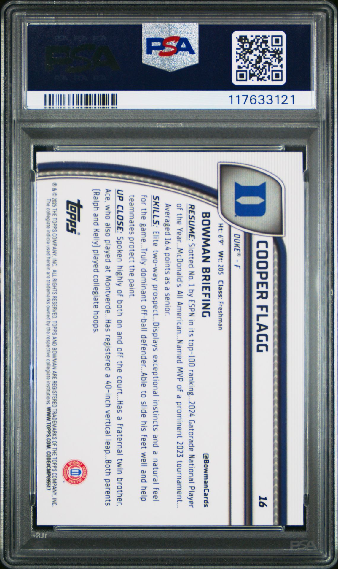 2024 Bowman Chrome University Cooper Flagg #16 (Black Wave) Gem Mt 10 back