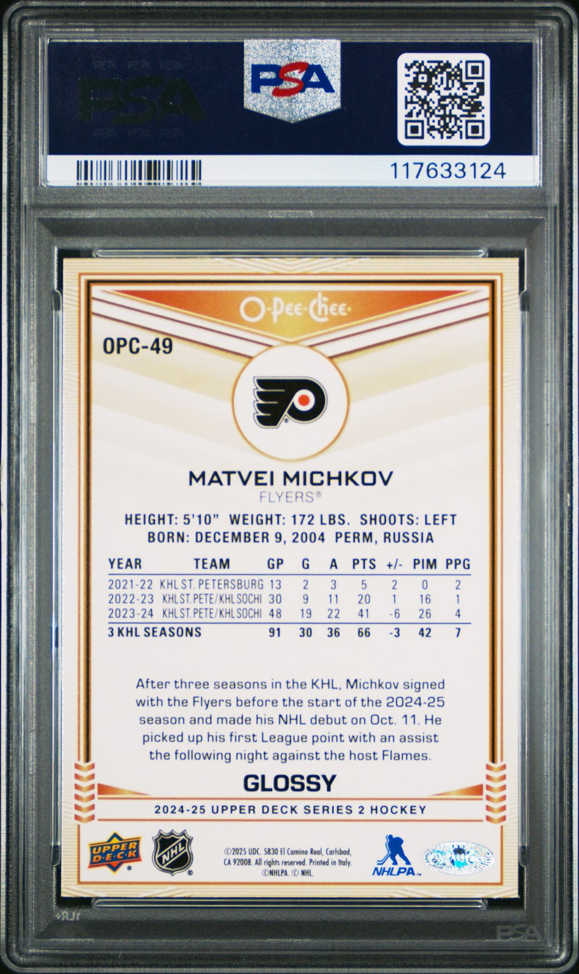 2024 Upper Deck O-Pee-Chee Glossy Matvei Michkov #Opc49 Mint 9 back