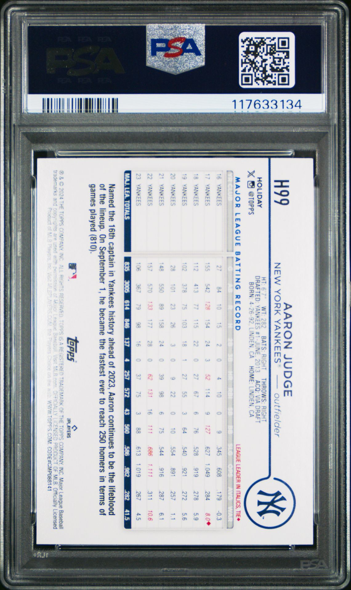 2024 Topps Holiday Aaron Judge #H99 (Blue Metallic Glitter) Nm-Mt 8 back