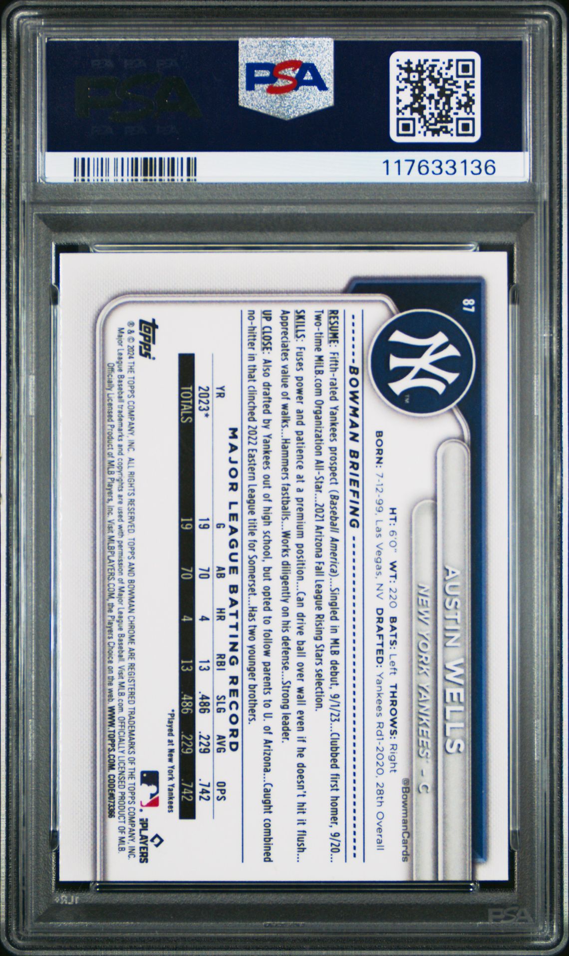 2024 Bowman Mega Box Chrome Austin Wells #87 Gem Mt 10 back