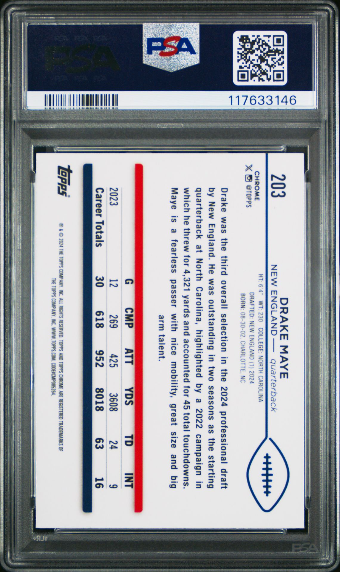 2024 Topps Chrome Drake Maye #203 (Blue Refractor) Mint 9 back