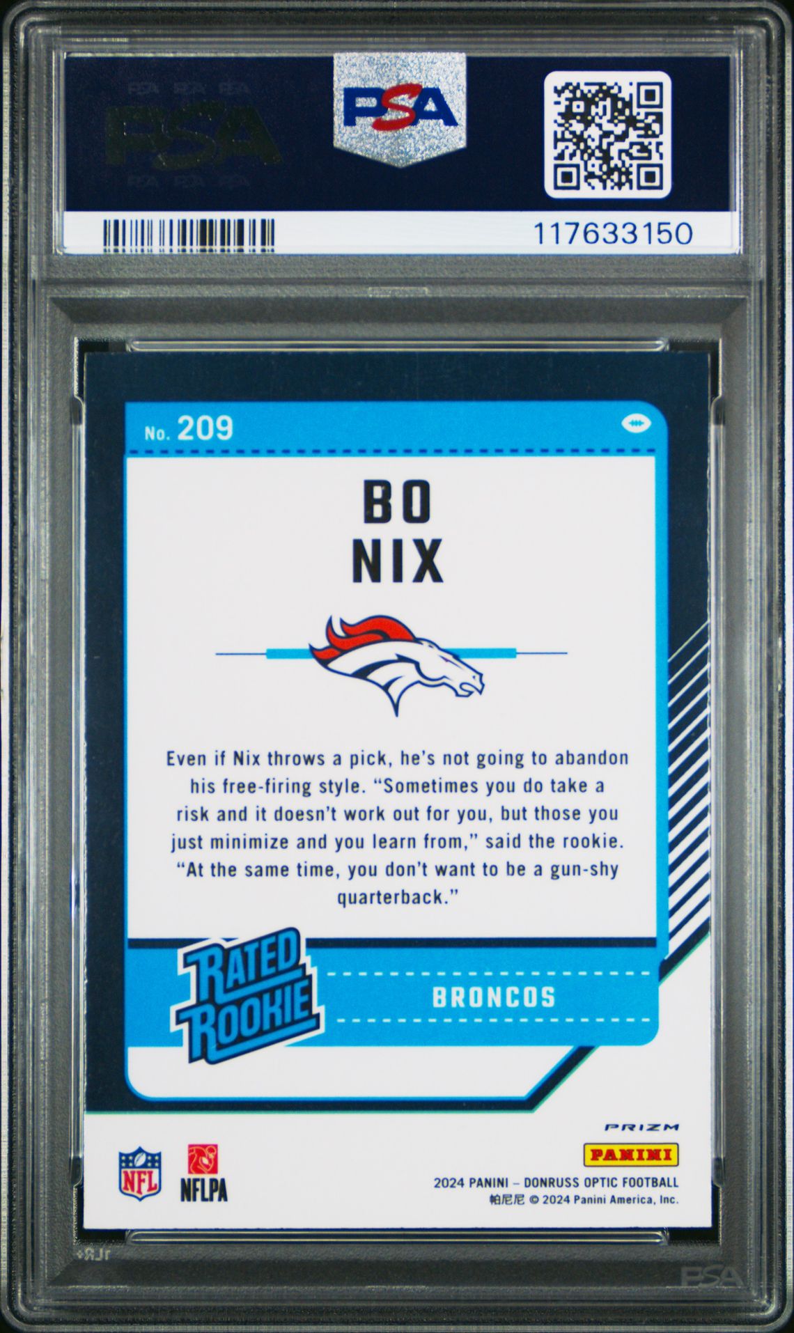 2024 Panini Donruss Optic Bo Nix #209 (Blue Hyper) Gem Mt 10 back