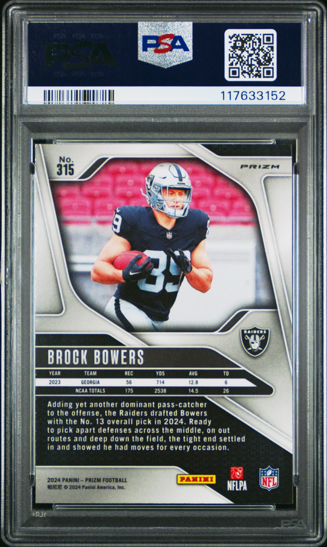 2024 Panini Prizm Brock Bowers #315 (Red/White/Blue Prizm) Gem Mt 10 back