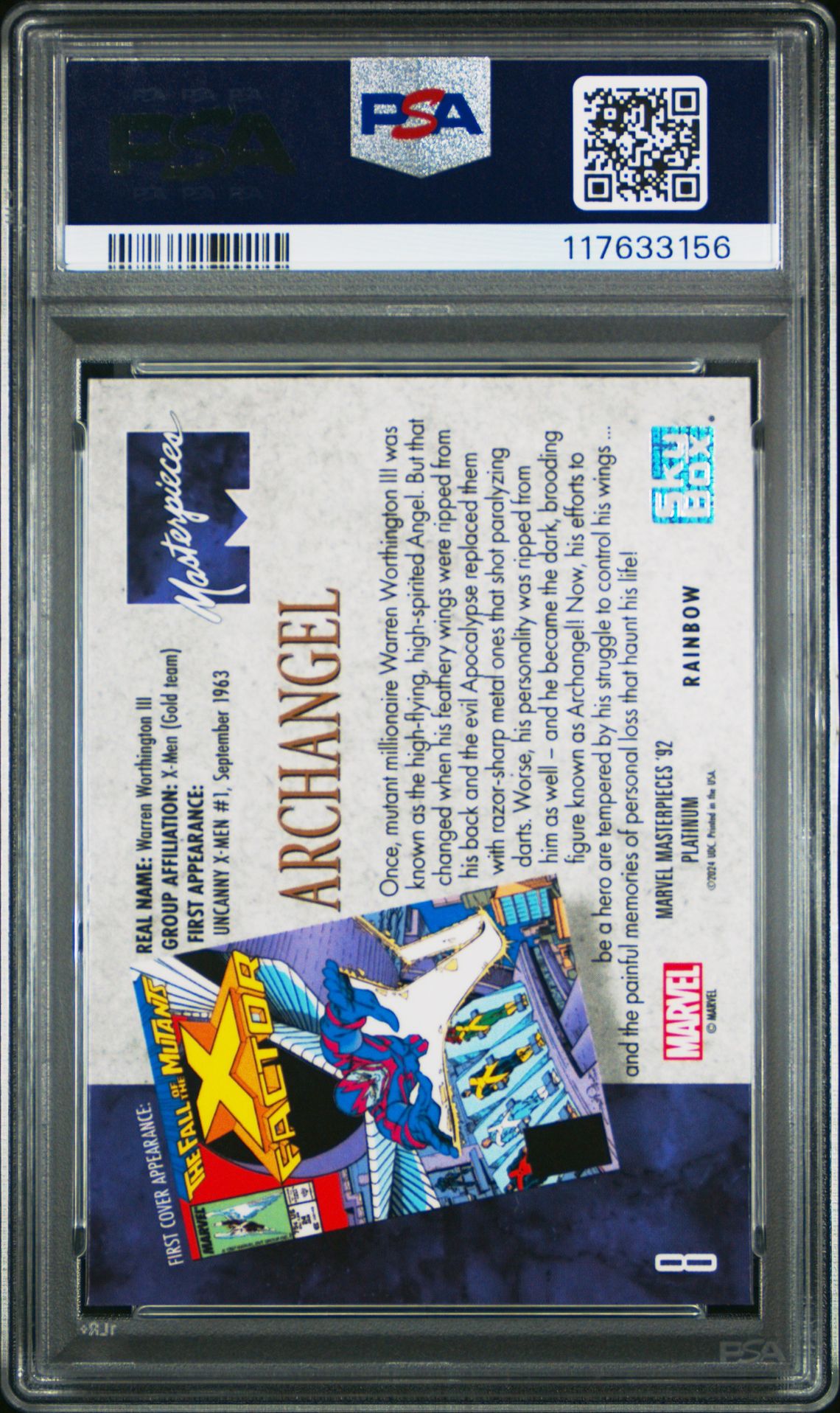 2024 Upper Deck Marvel Masterpieces '92 Platinum Archangel #8 ('92 Platinum-Rainbow) Gem Mt 10 back