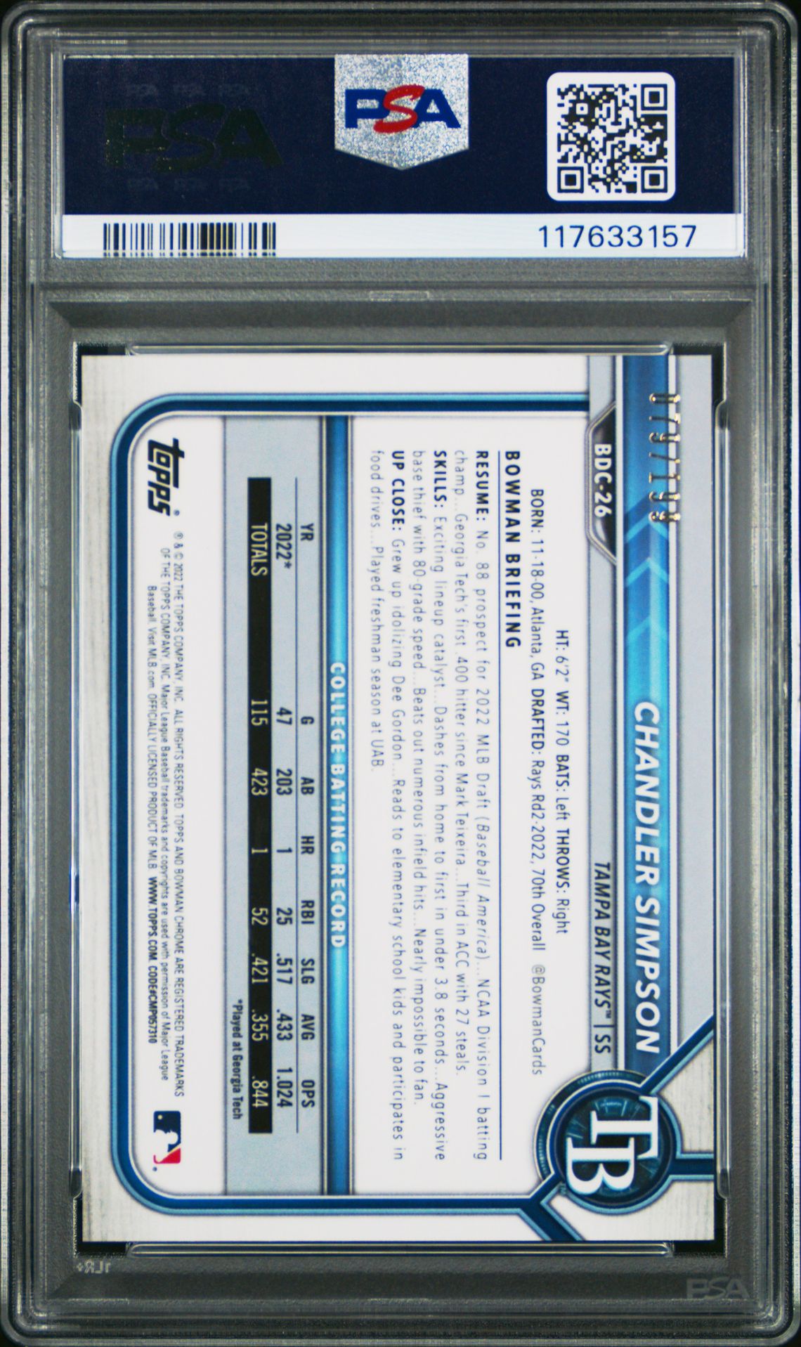 2022 Bowman Draft Chandler Simpson #Bdc26 (Ch-Aqua Lava Refractor) Mint 9 back