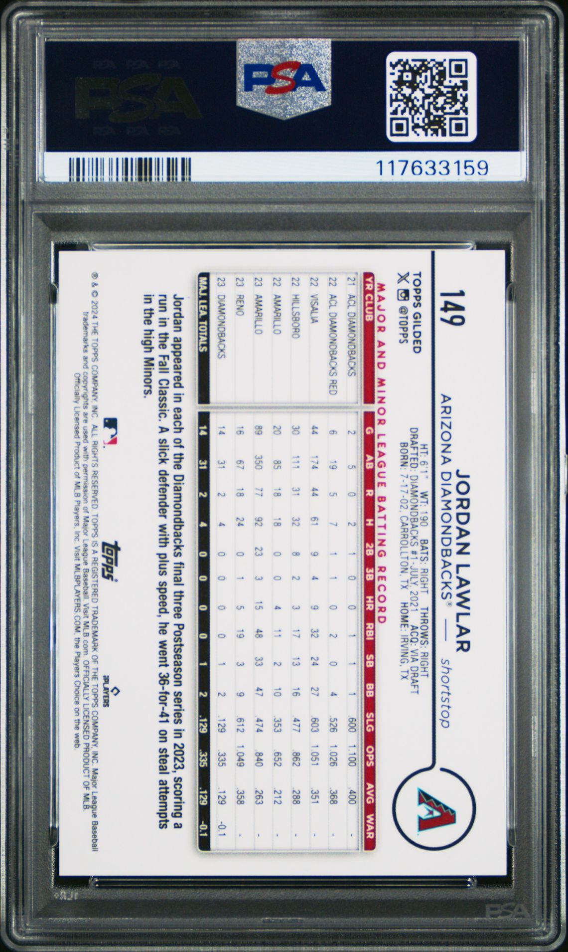 2024 Topps Gilded Collection Jordan Lawlar #149 (Gold Wave) Mint 9 back