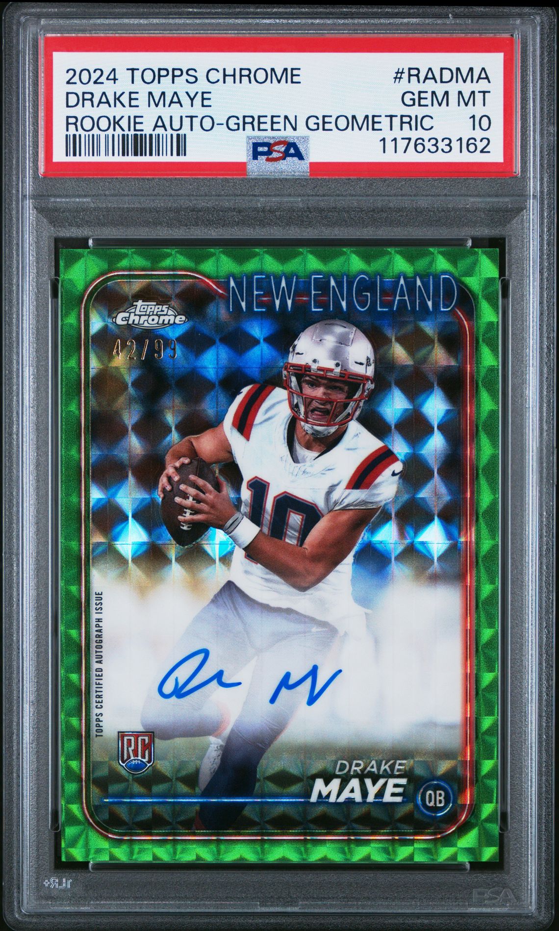 2024 Topps Chrome Rookie Autographs Variations Drake Maye #Radma (Rookie Auto-Green Geometric) Gem Mt 10 front view - PSA graded GEM MT 10