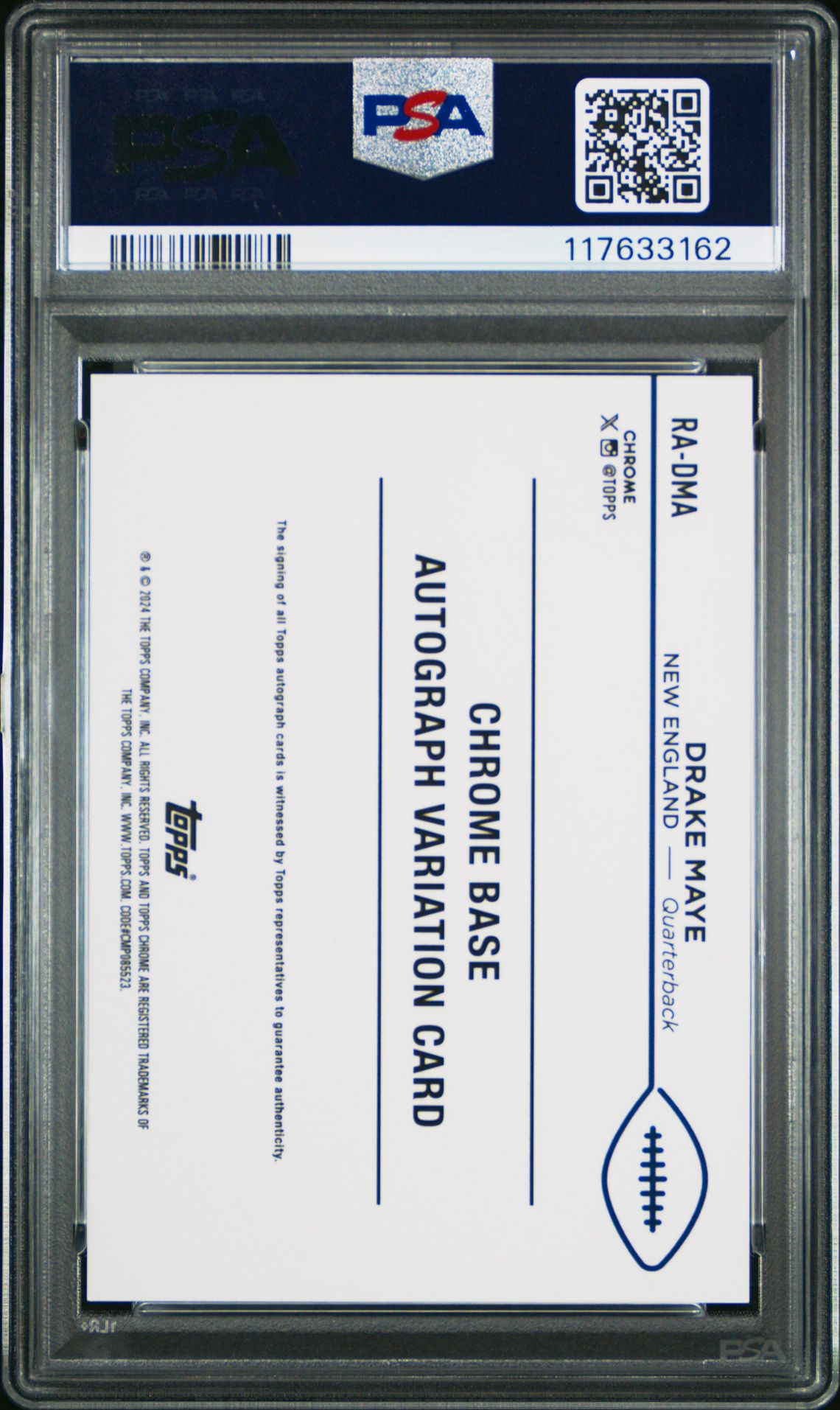 2024 Topps Chrome Rookie Autographs Variations Drake Maye #Radma (Rookie Auto-Green Geometric) Gem Mt 10 back view - PSA certificate #117633162