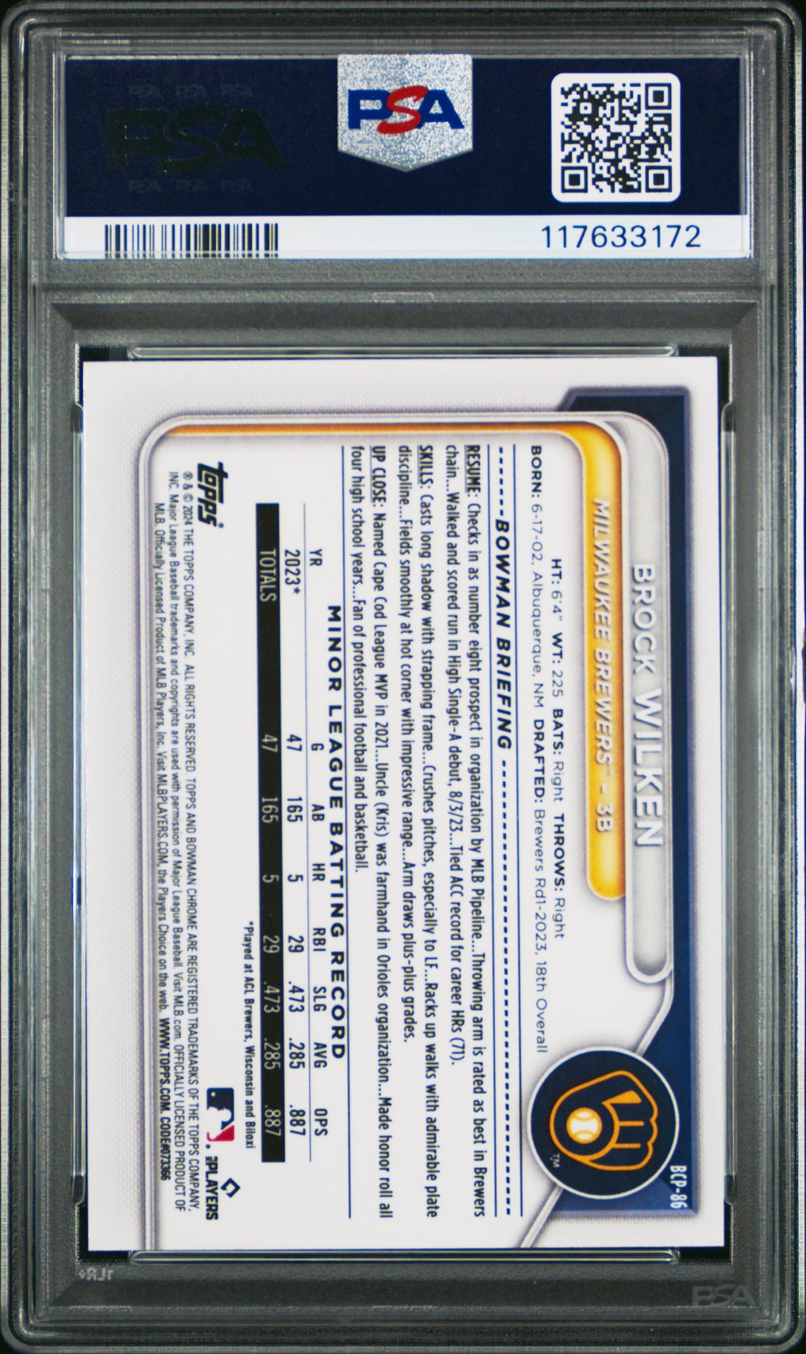 2024 Bowman Mega Box Chrome Prospects Brock Wilken #86 Mint 9 back