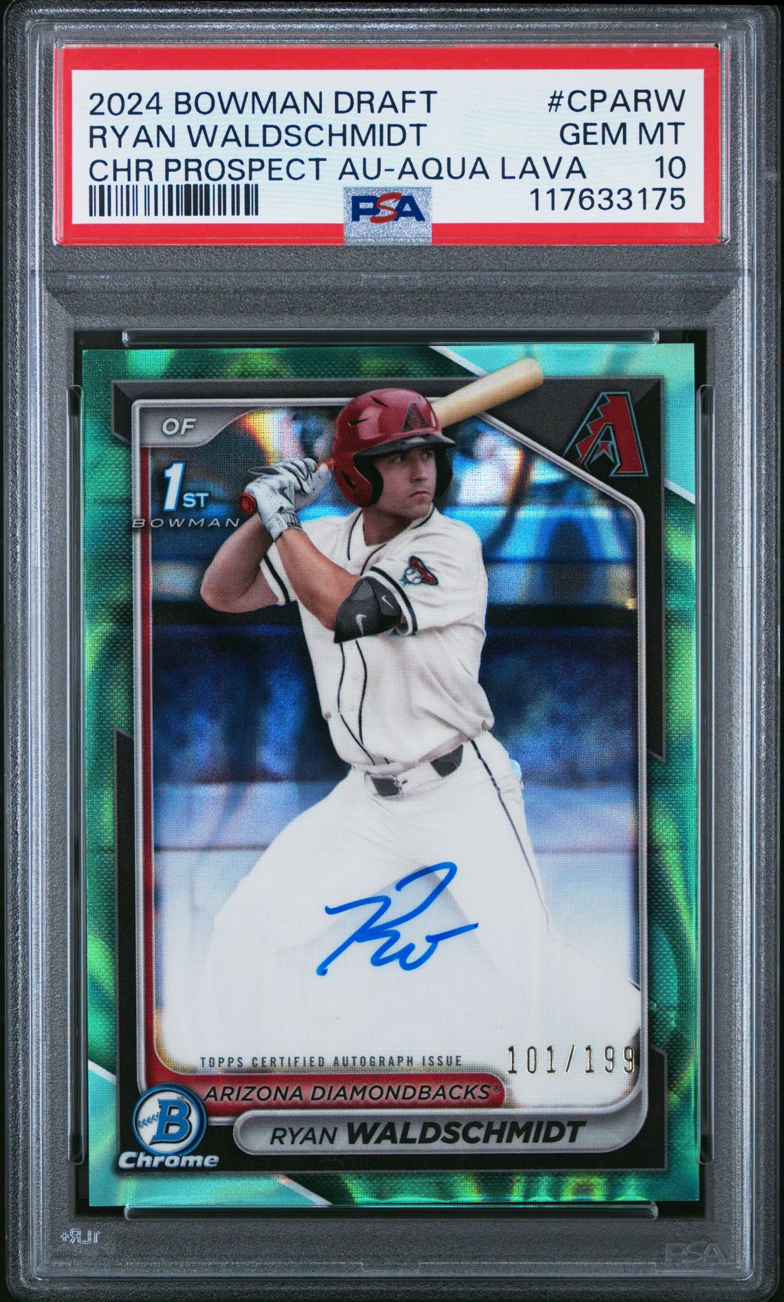 2024 Bowman Draft Chrome Prospect Autographs Ryan Waldschmidt #Cparw (Chr Prospect Au-Aqua Lava) Gem Mt 10 front view - PSA graded GEM MT 10