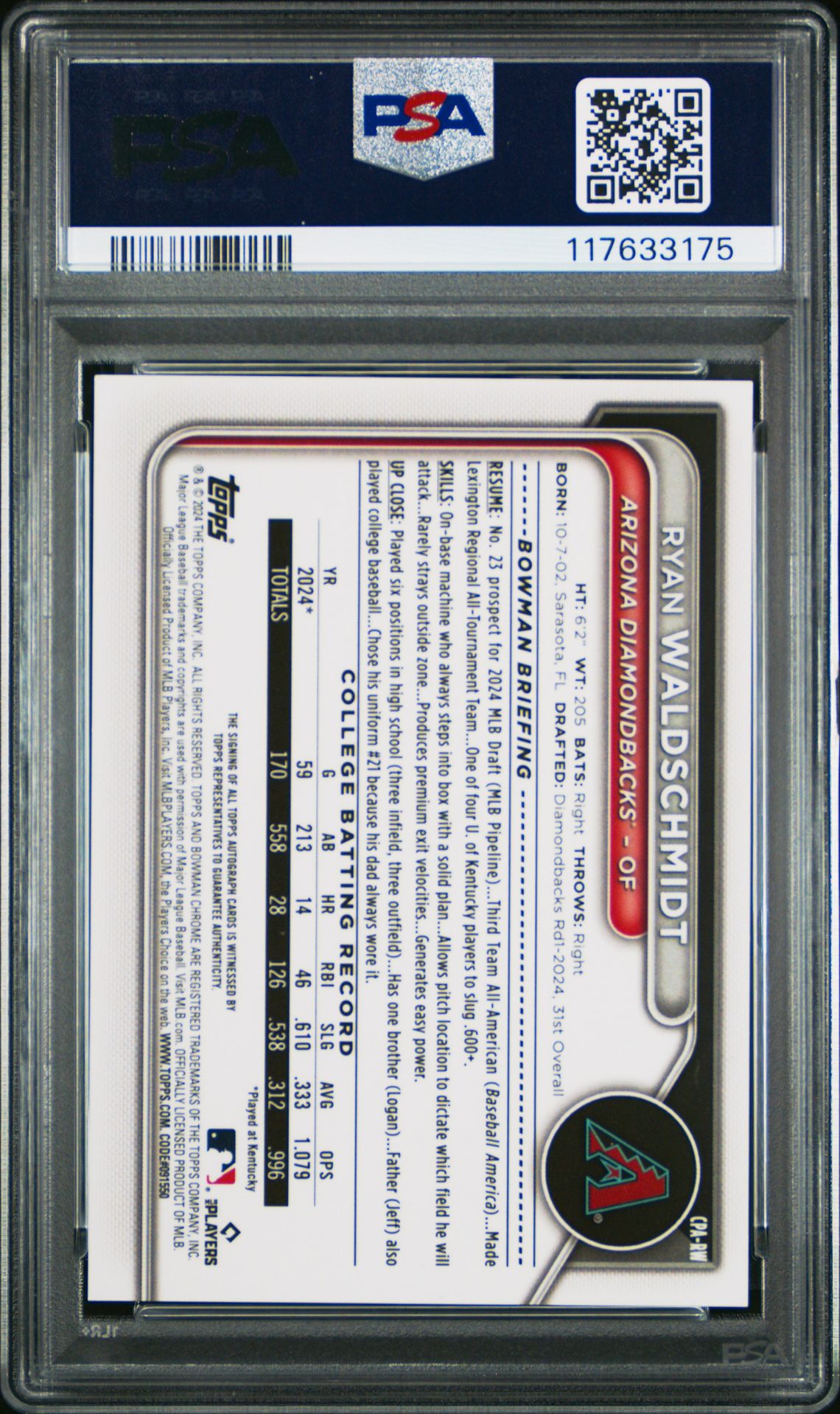 2024 Bowman Draft Chrome Prospect Autographs Ryan Waldschmidt #Cparw (Chr Prospect Au-Aqua Lava) Gem Mt 10 back view - PSA certificate #117633175