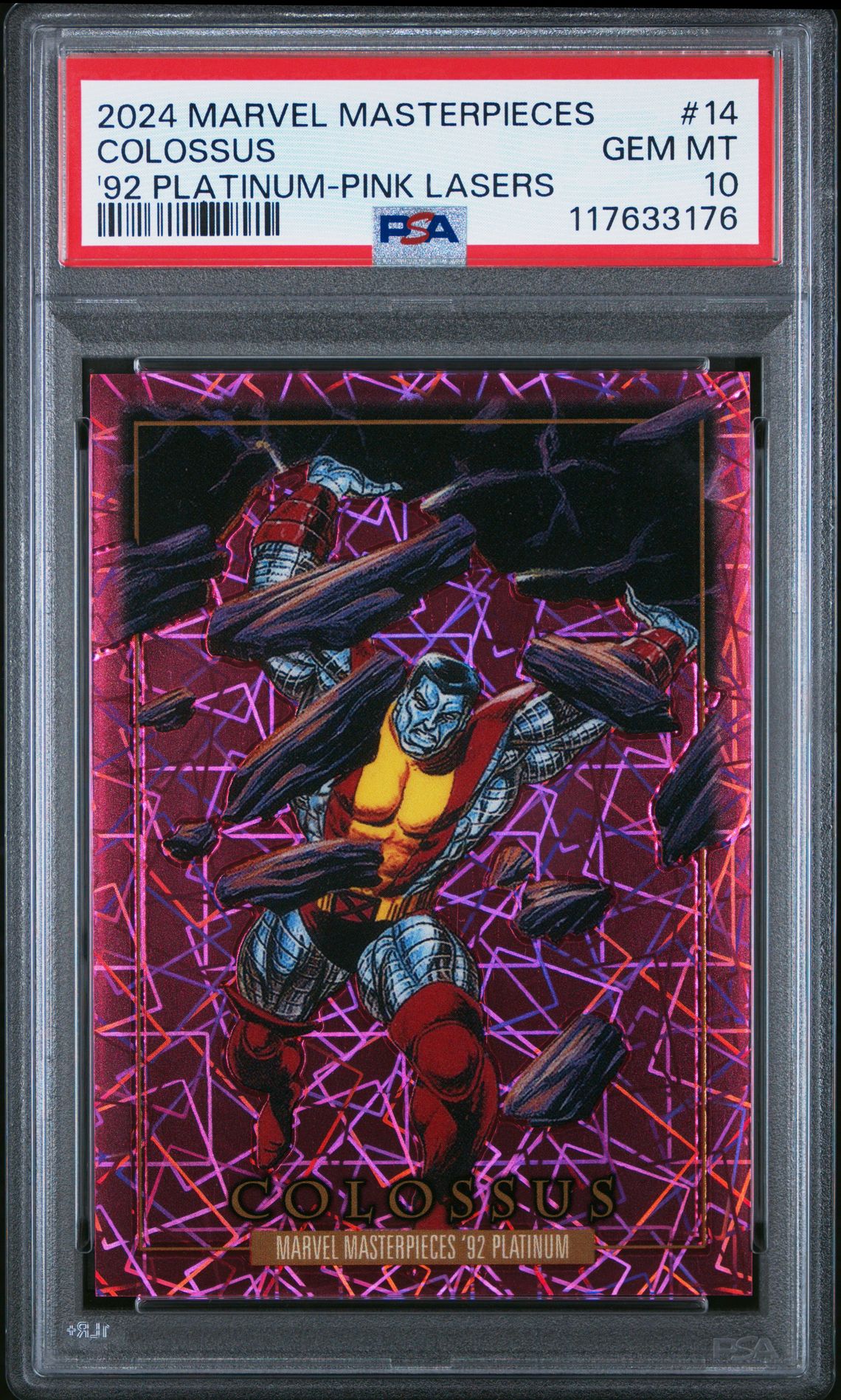 2024 Upper Deck Marvel Masterpieces '92 Platinum Colossus #14 ('92 Platinum-Pink Lasers) Gem Mt 10 front view - PSA graded GEM MT 10