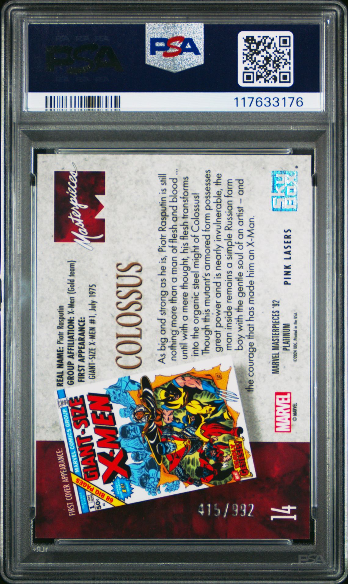 2024 Upper Deck Marvel Masterpieces '92 Platinum Colossus #14 ('92 Platinum-Pink Lasers) Gem Mt 10 back view - PSA certificate #117633176