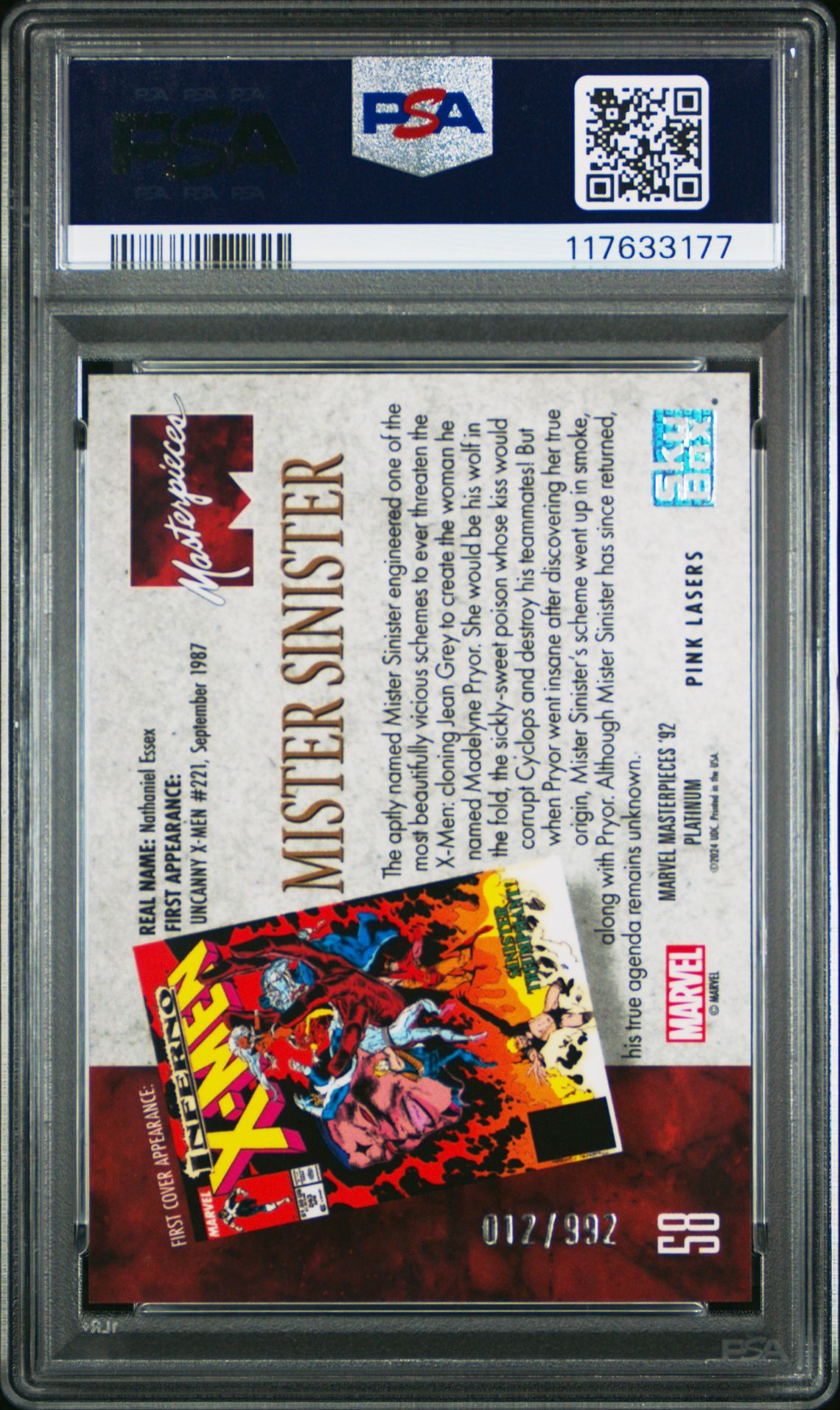 2024 Upper Deck Marvel Masterpieces '92 Platinum Mister Sinister #58 ('92 Platinum-Pink Lasers) Gem Mt 10 back